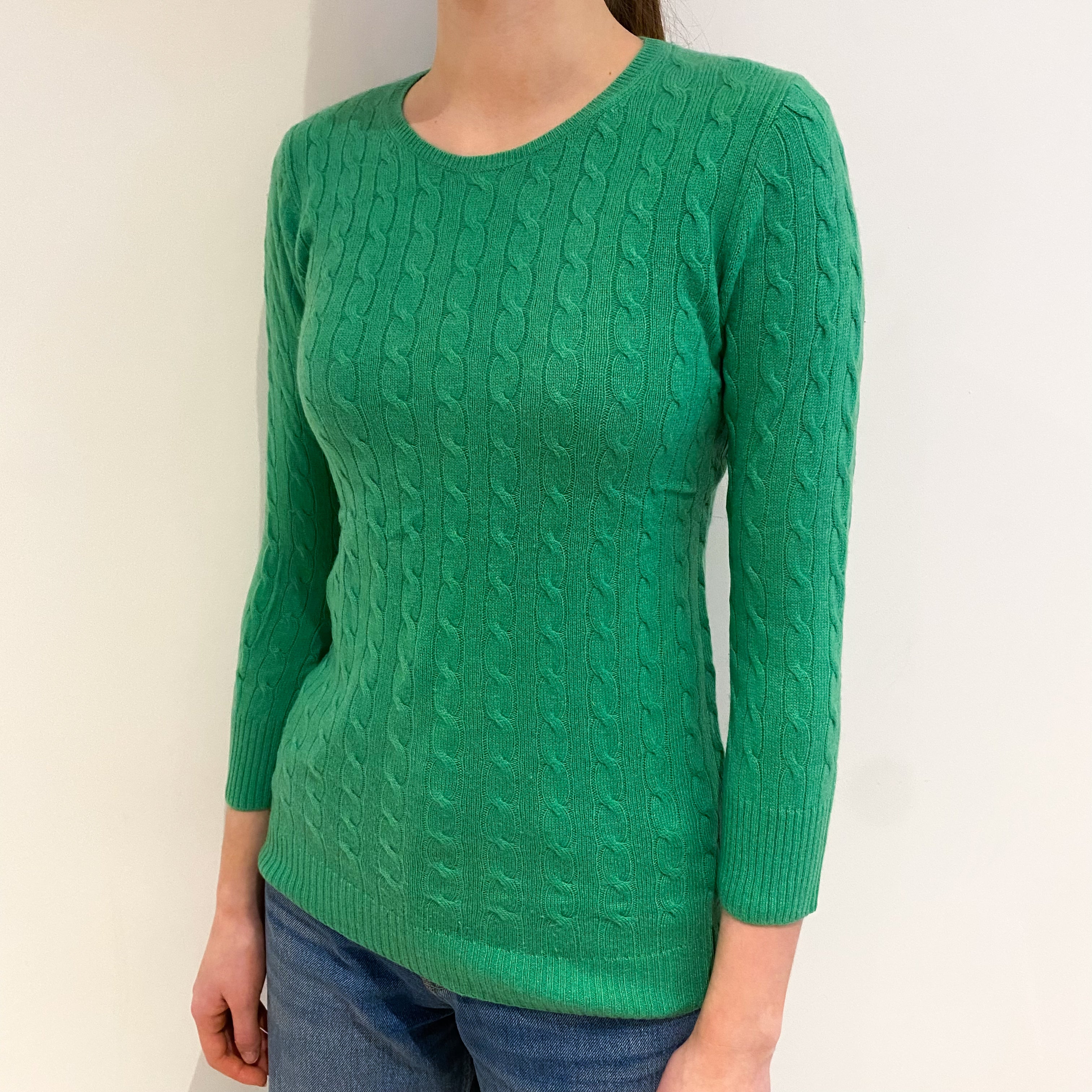 Jade Green Cable Cashmere Crew Neck Jumper Extra Small