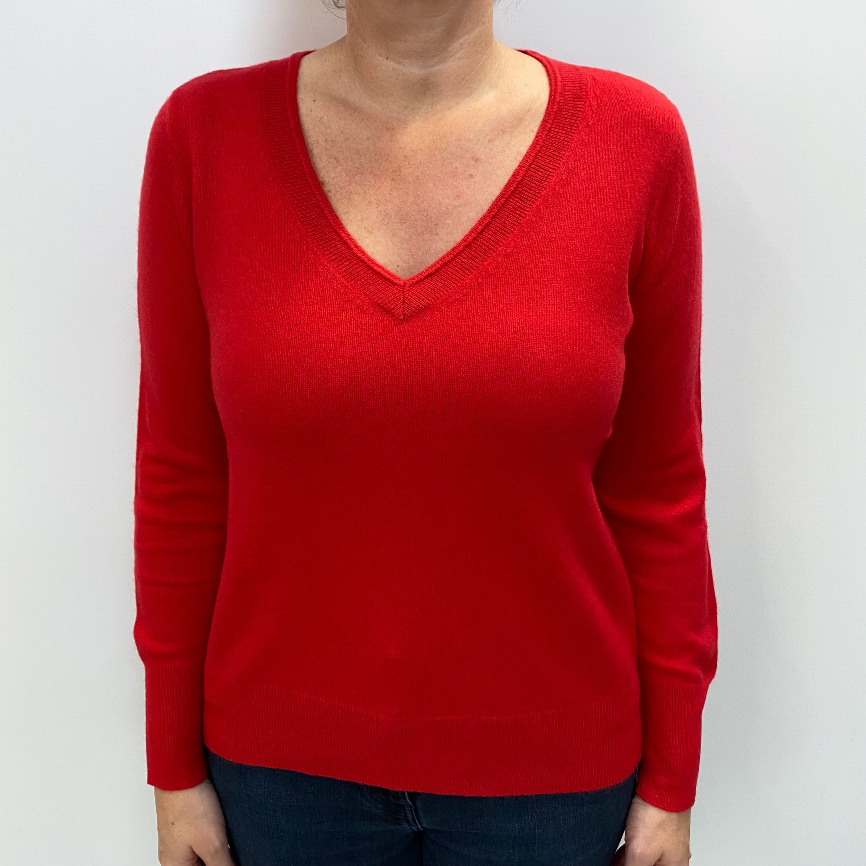 Vermillion Red Cashmere V Neck Jumper Large