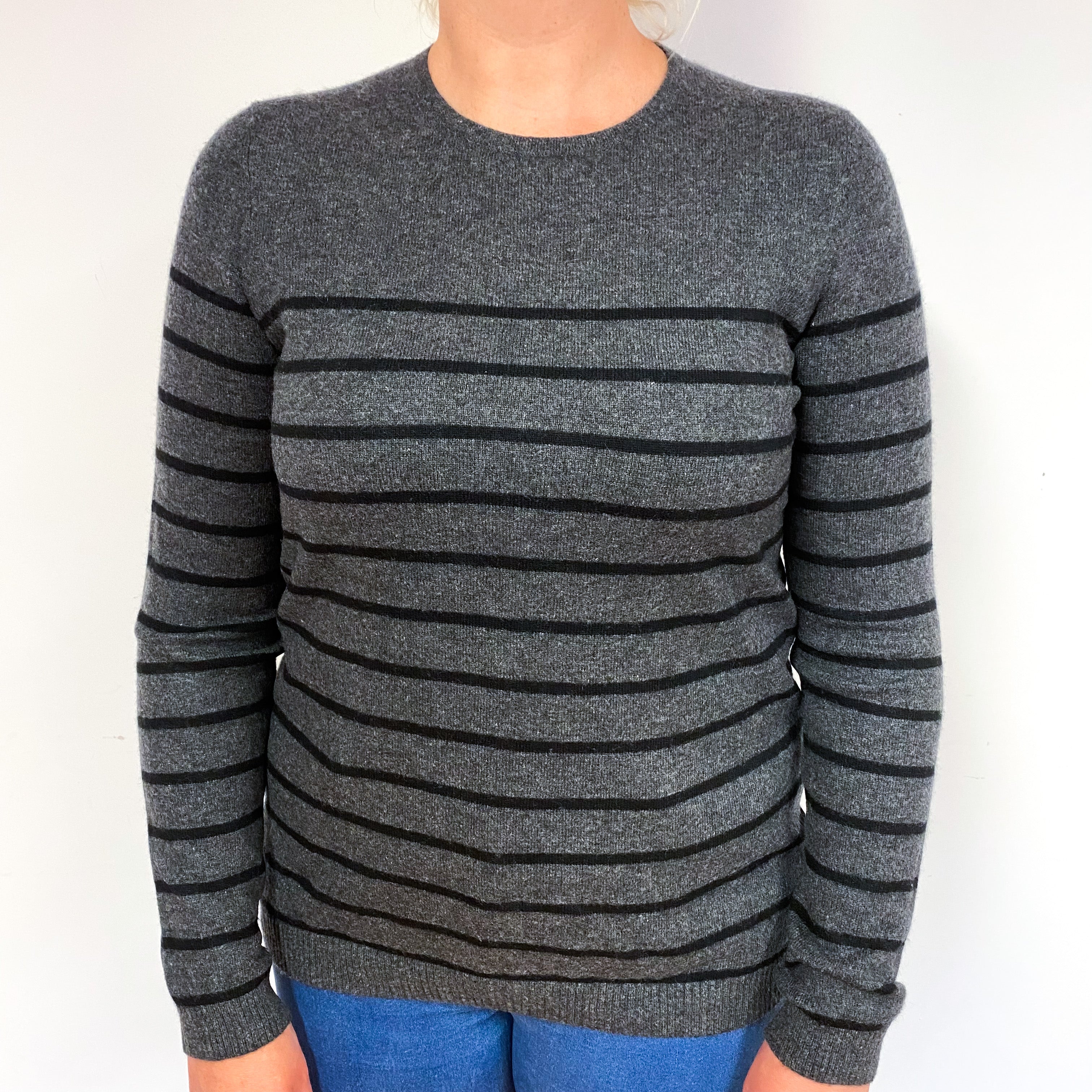 Slate Grey Black Stripe Cashmere Crew Neck Jumper Large