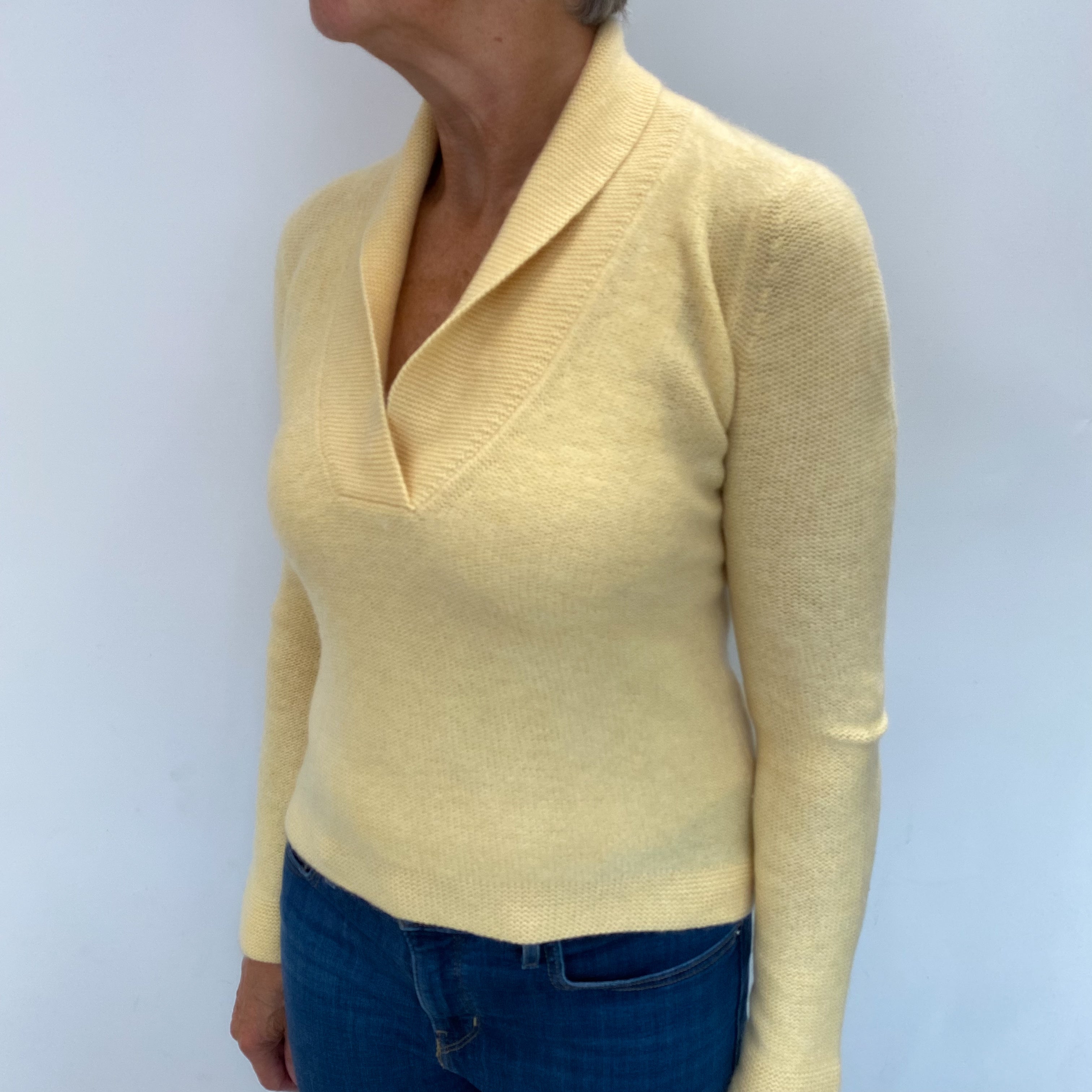 Primrose Yellow Cashmere Collared V Neck Jumper Medium