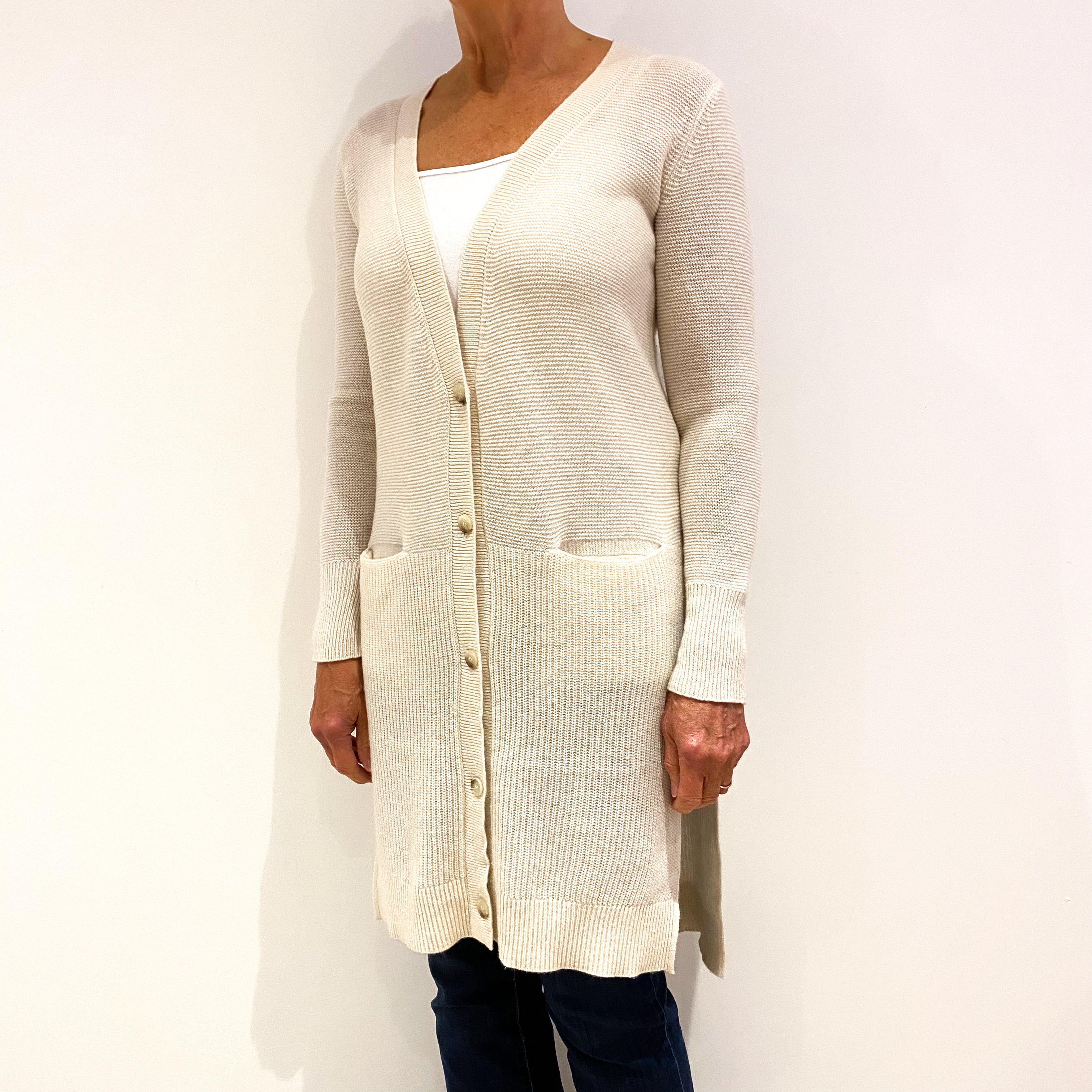 Vince Cream Long Cashmere V-Neck Cardigan Medium