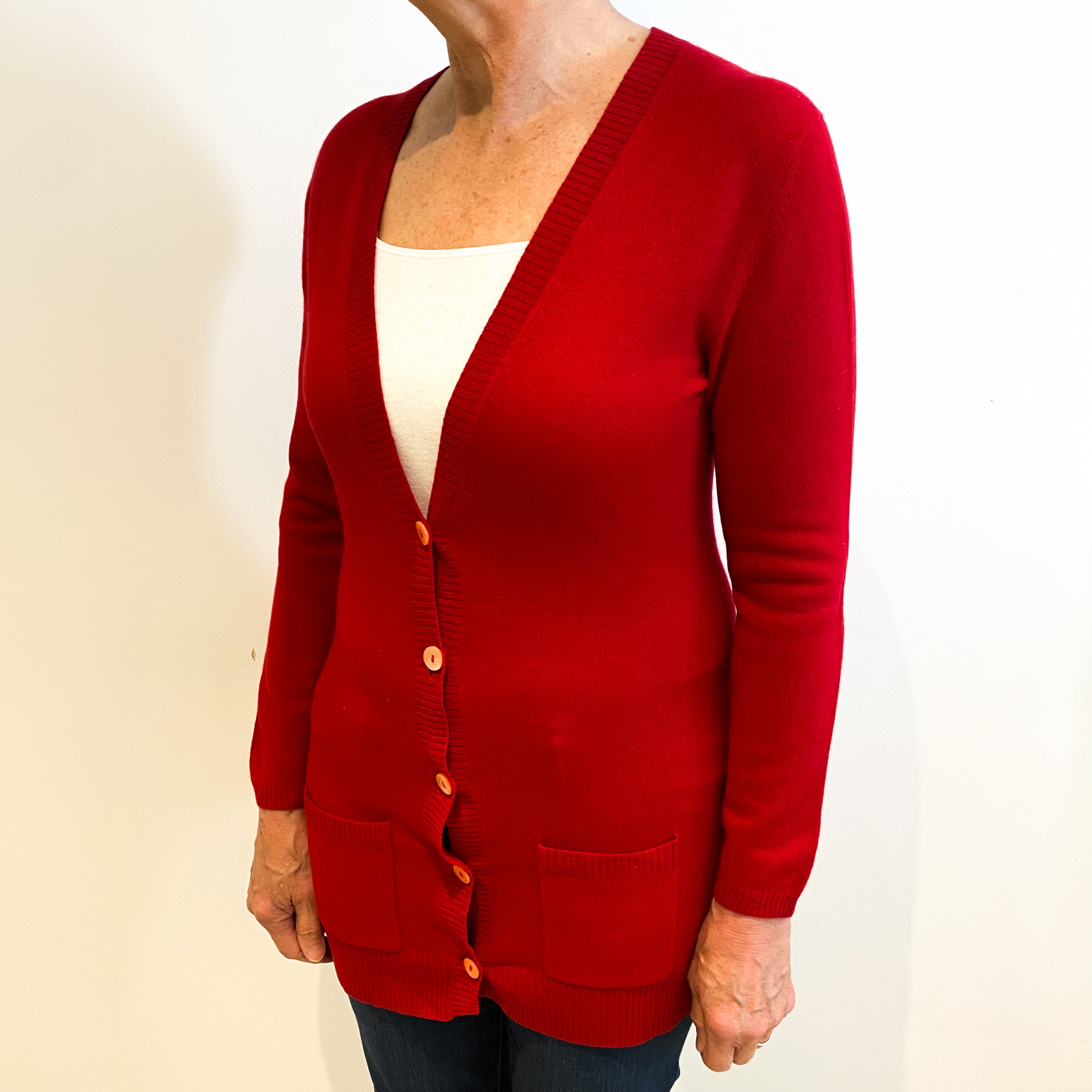 Scarlet Red Cashmere Longline V Neck Cardigan Medium