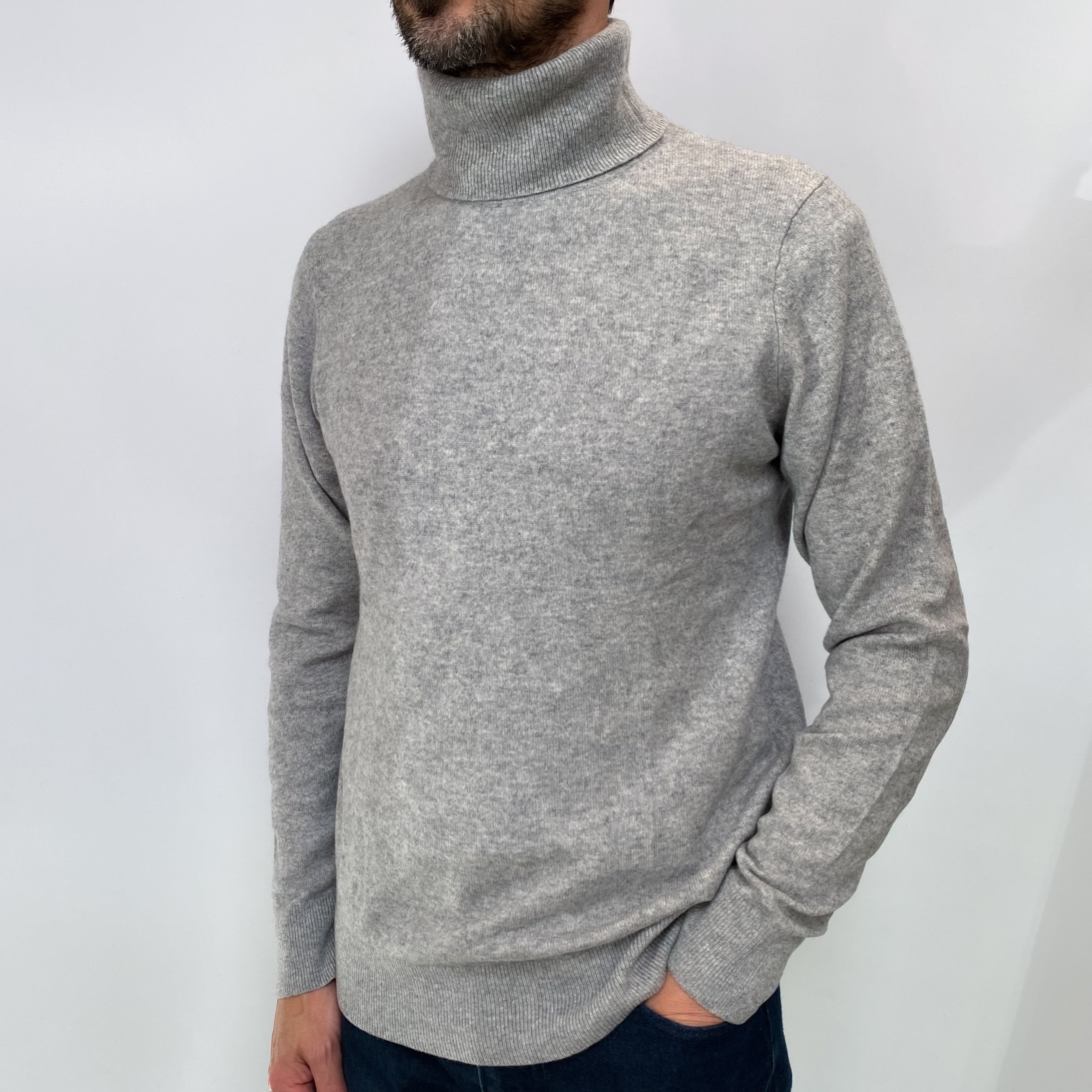 Soft Grey Men's Cashmere Polo Neck Jumper Small