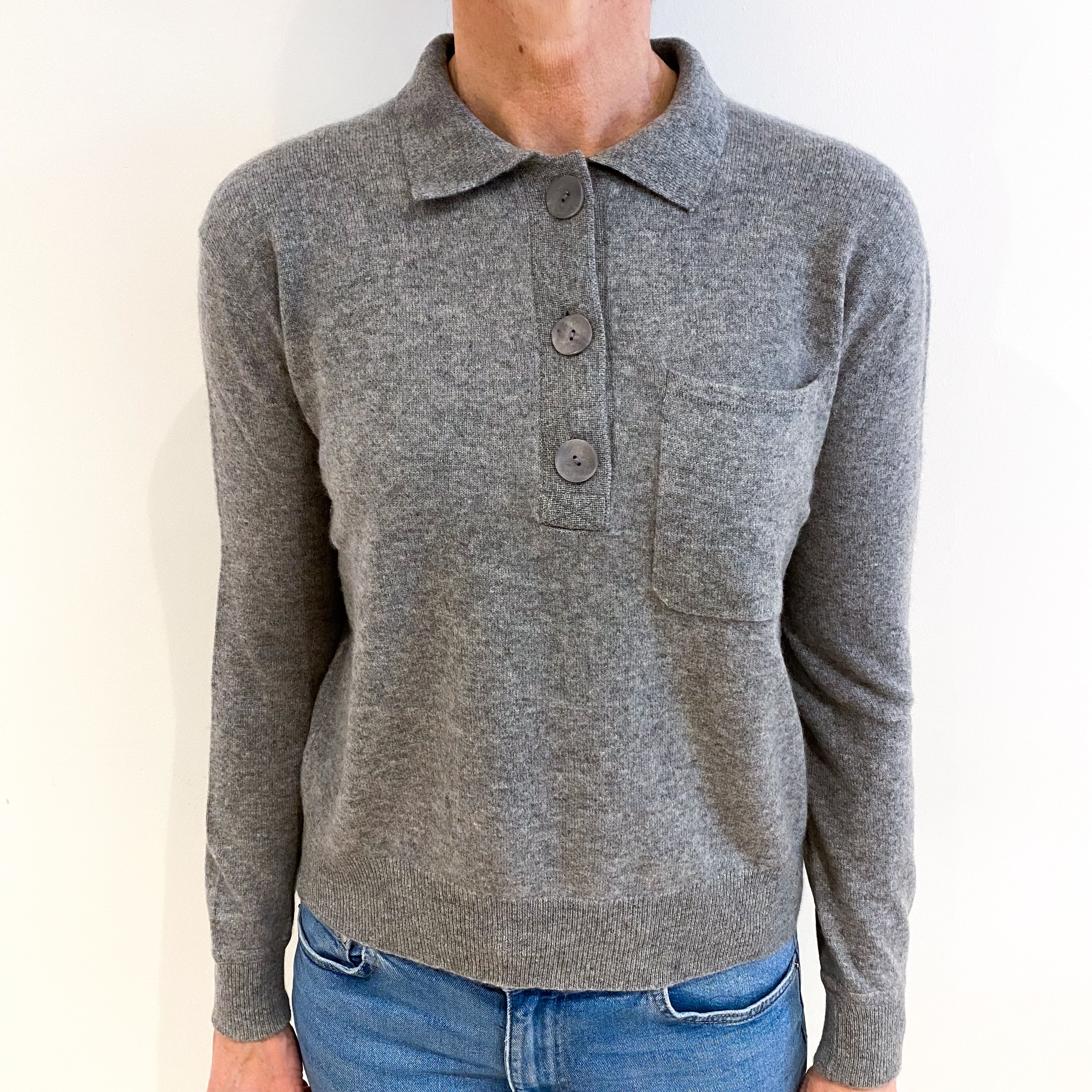 Ash Grey Cashmere Collared V Neck Jumper Small