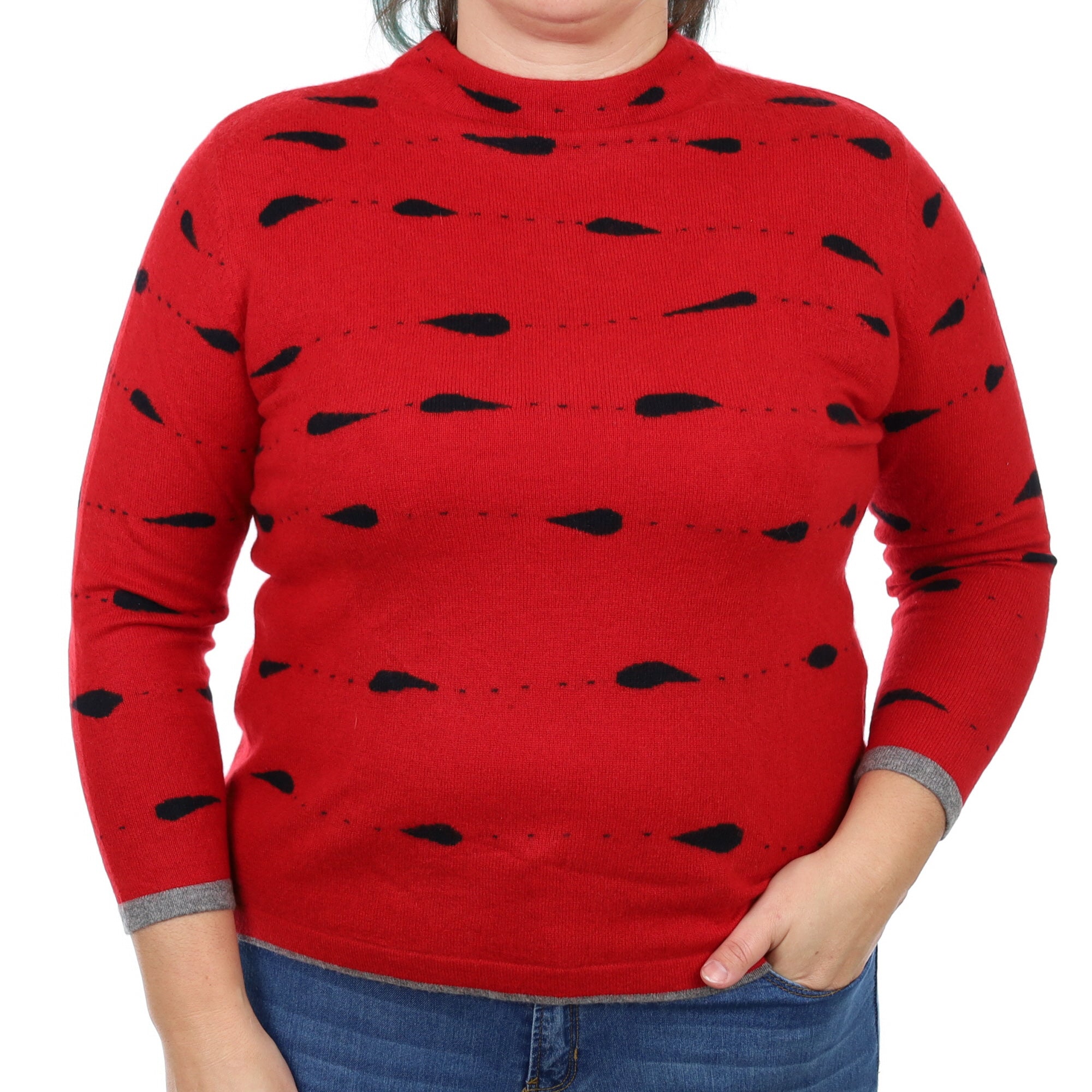 Scarlet Red Patterned Cashmere Turtle Neck Jumper Large