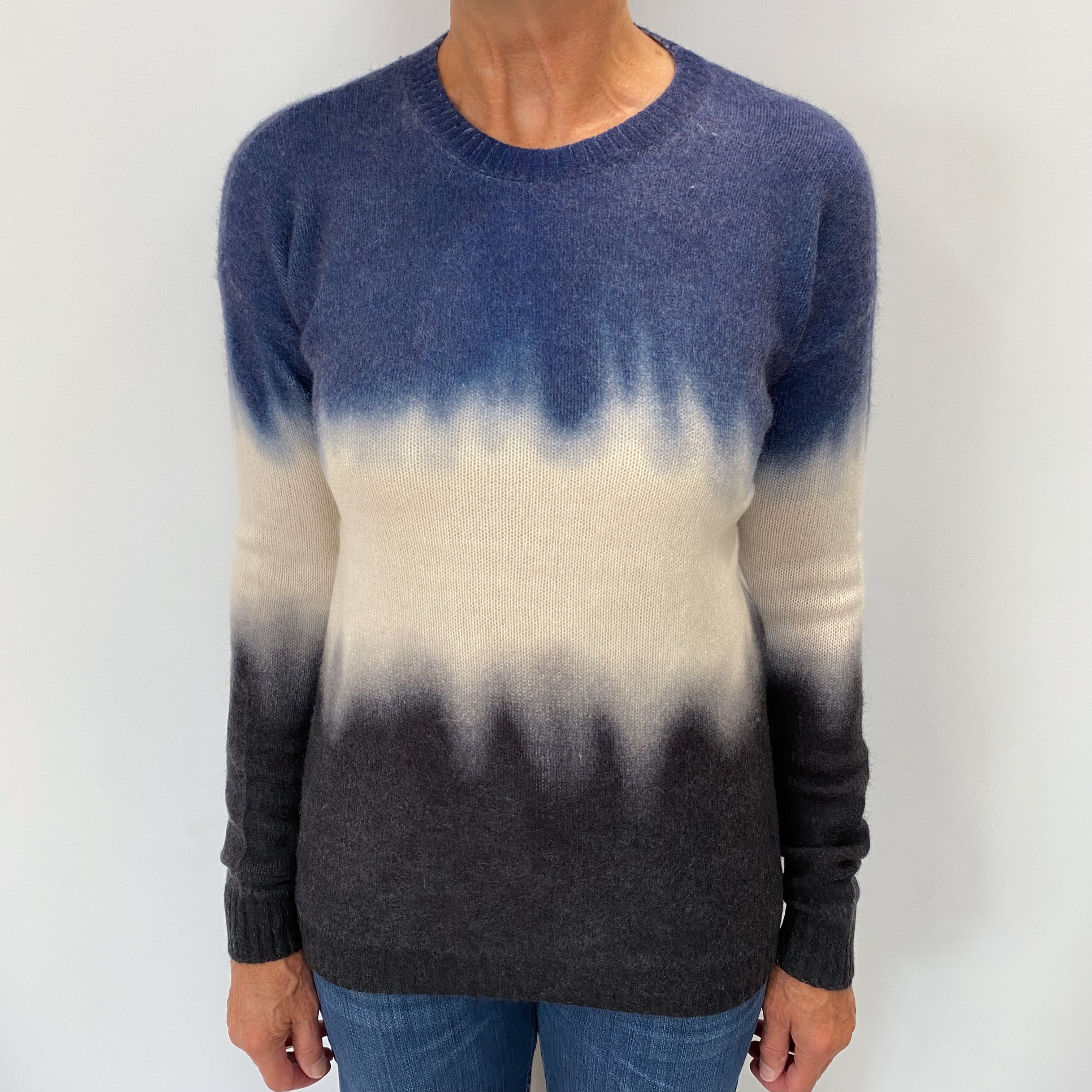 Ombre Navy Cream and Grey Colour Block Cashmere Crew Neck Jumper Medium