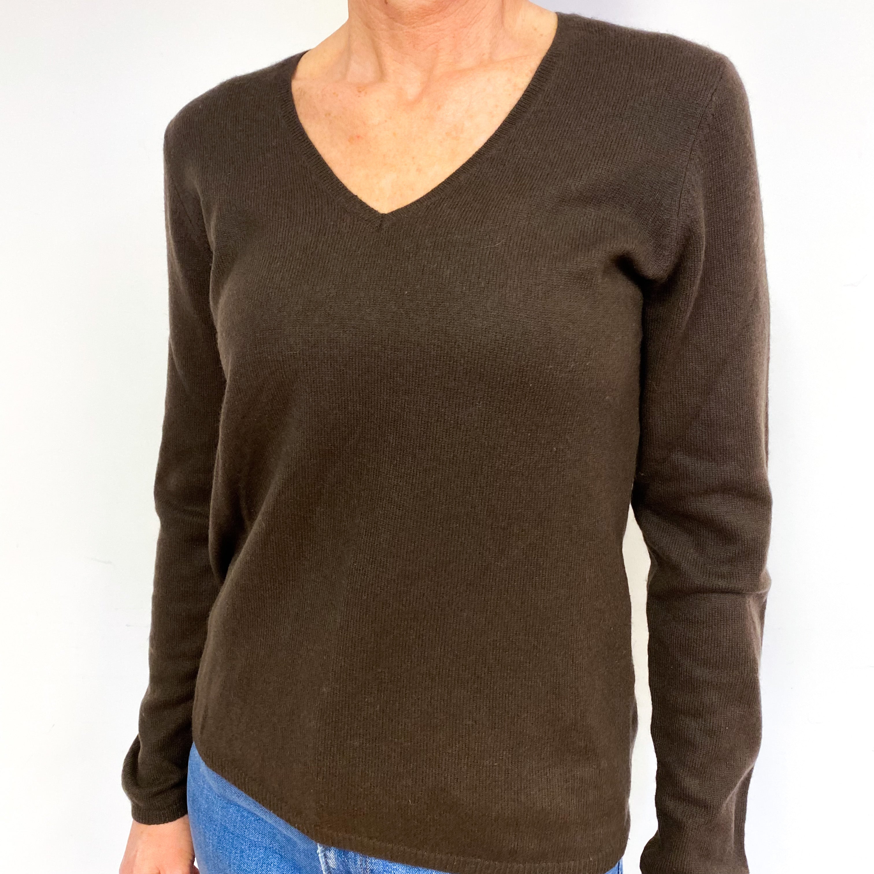 Chocolate Brown Cashmere V-Neck Jumper Medium