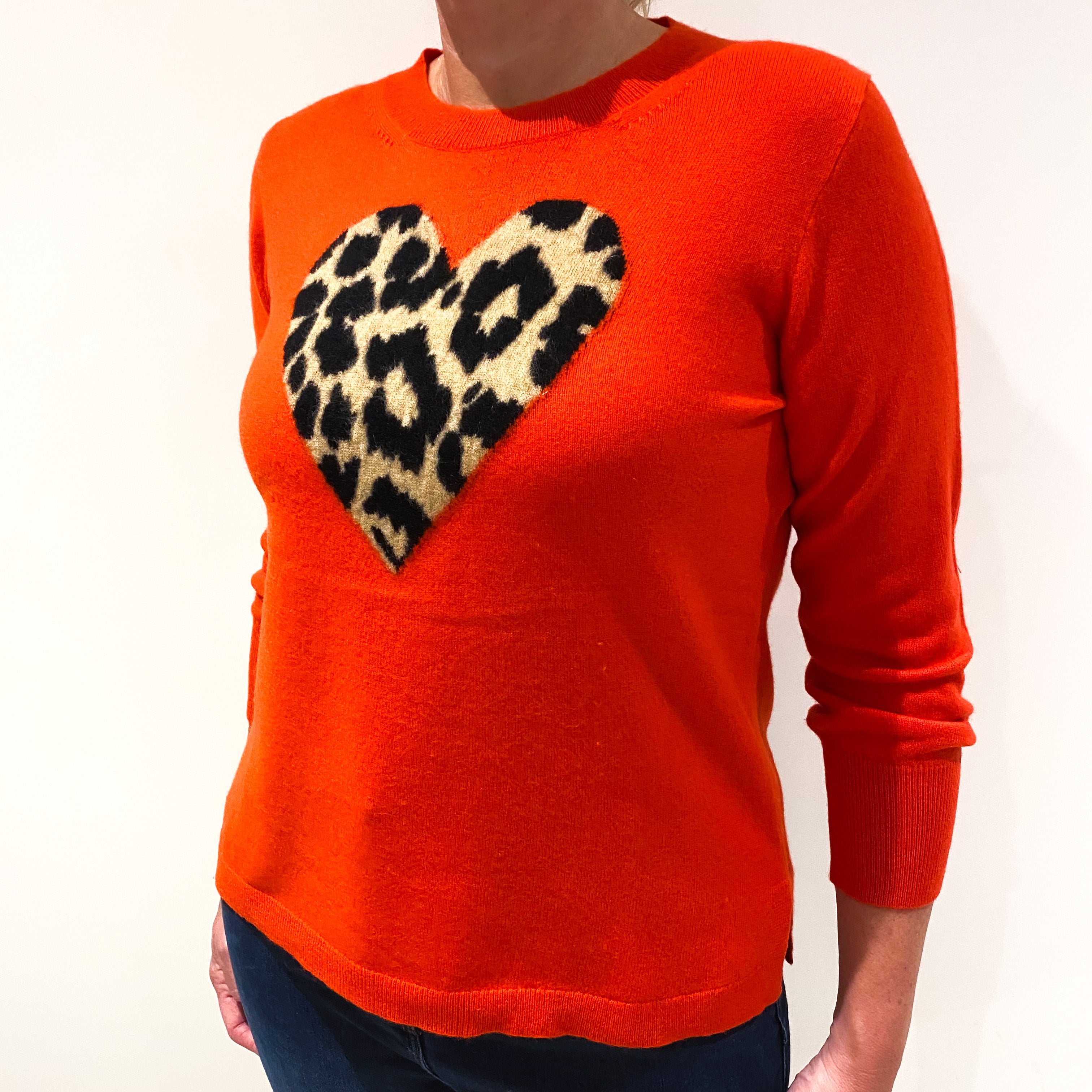 Vermilion Orange Cashmere Crew Neck Jumper with Leopard Print Love Heart Large