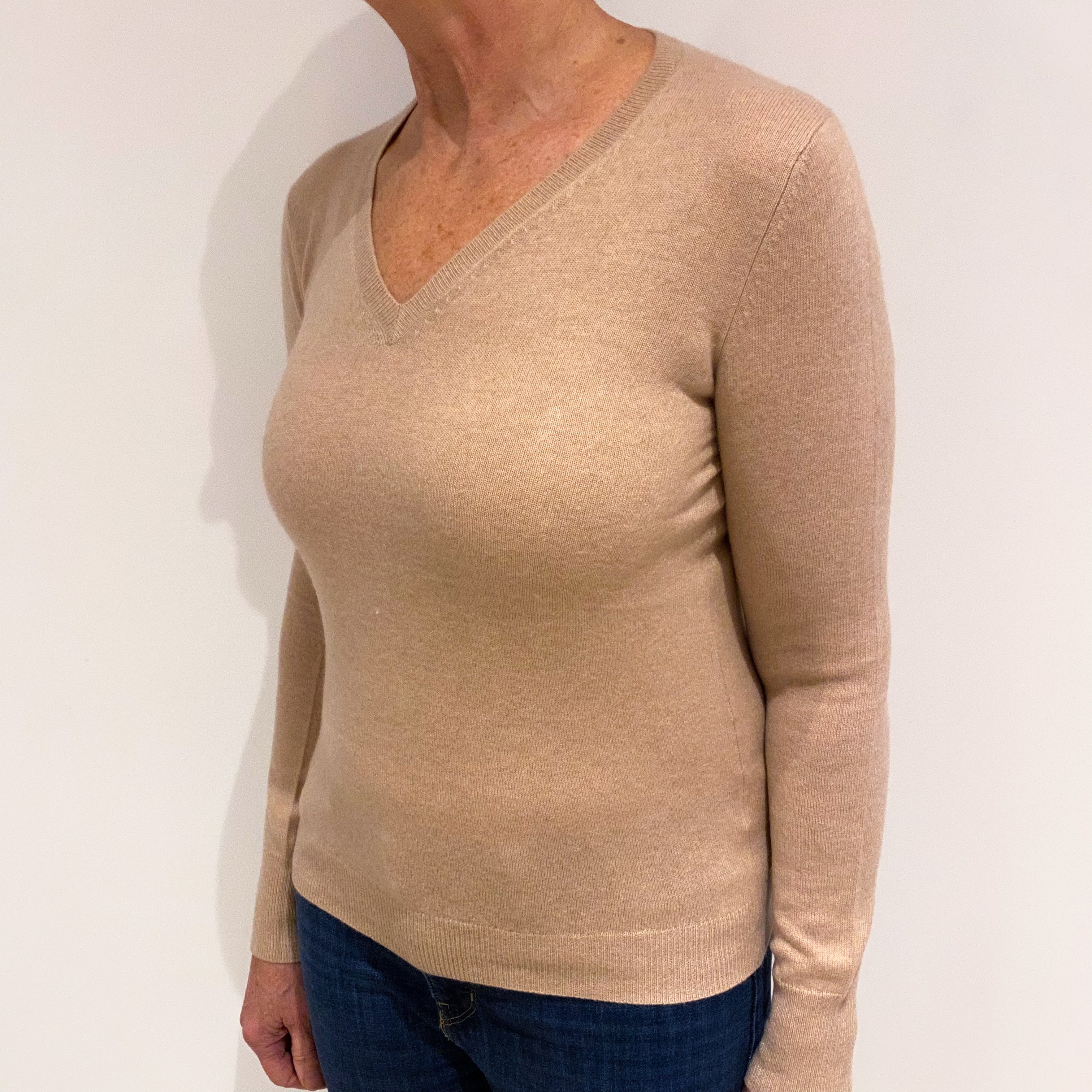 Buff Beige Cashmere V Neck Jumper Medium