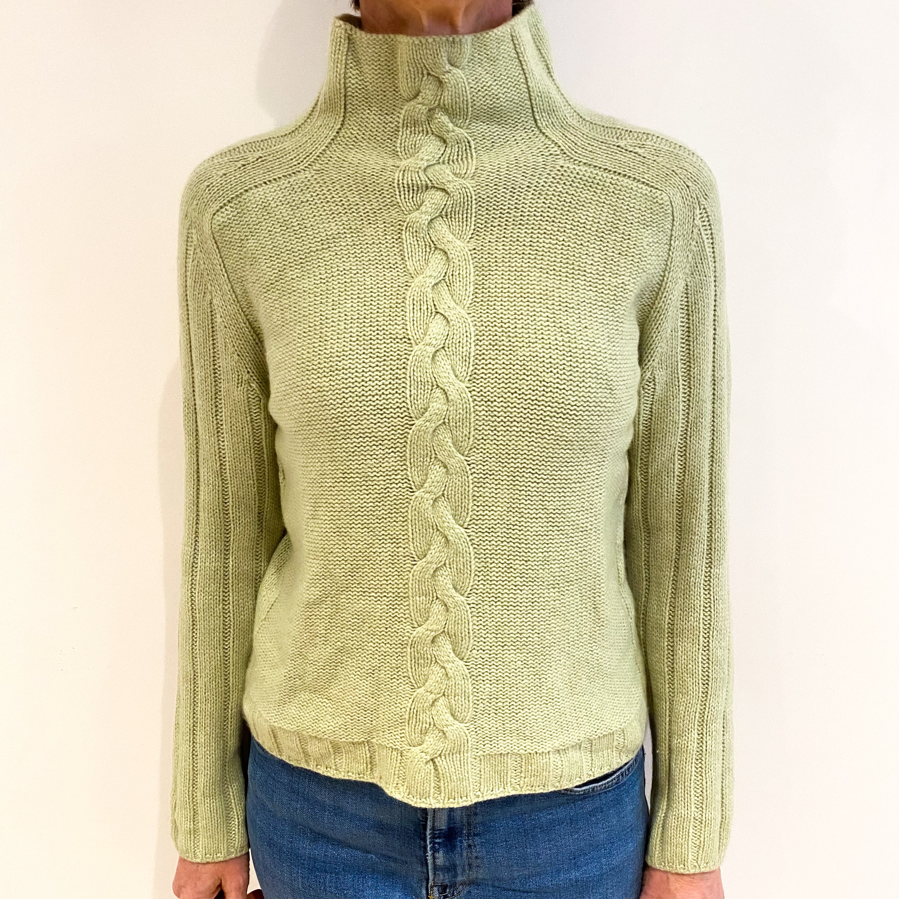 Mint Green Cashmere Funnel Neck Cable Knit Jumper Small