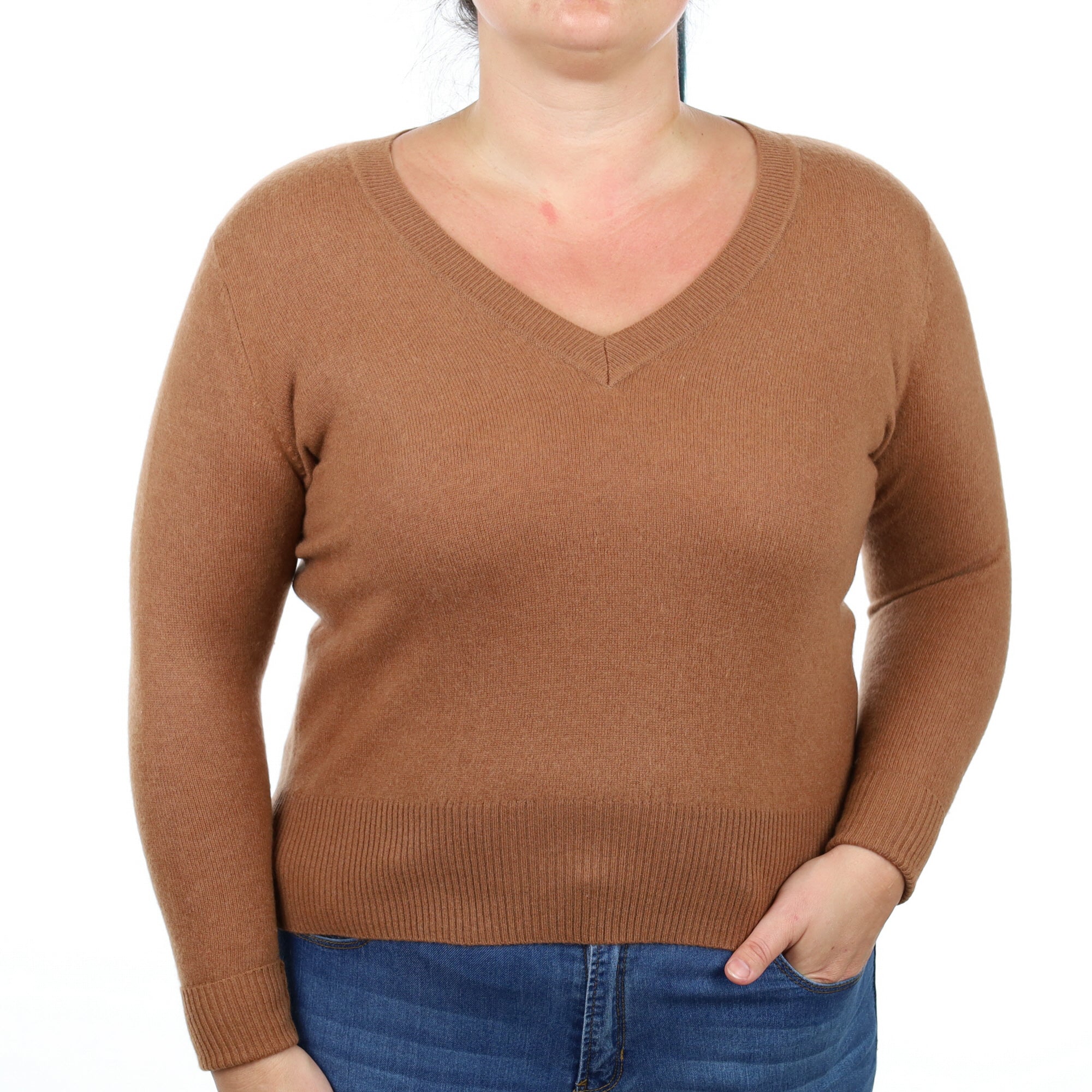 Cinnamon Brown Cashmere V Neck Jumper Large