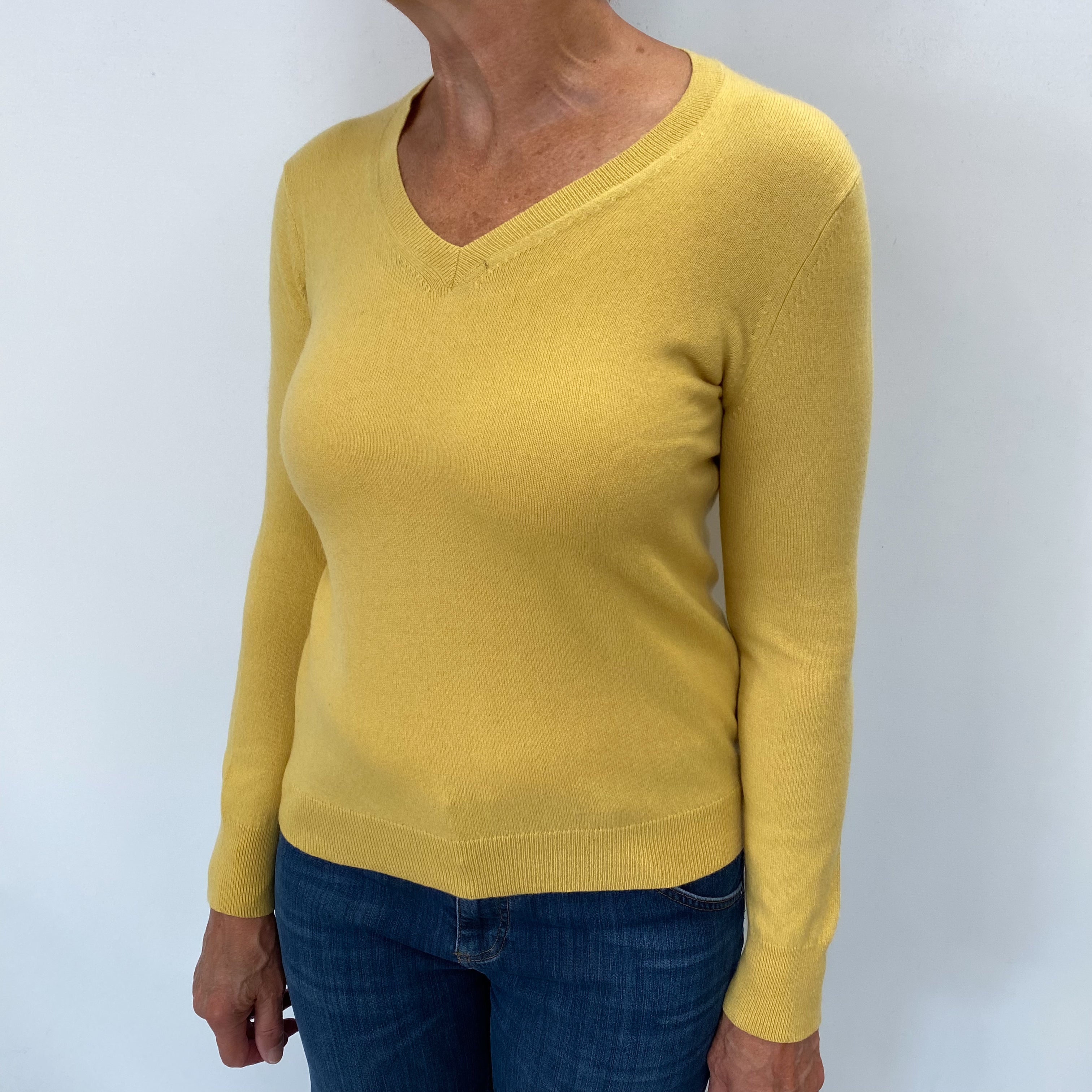 Mustard Yellow Cashmere V Neck Jumper Medium