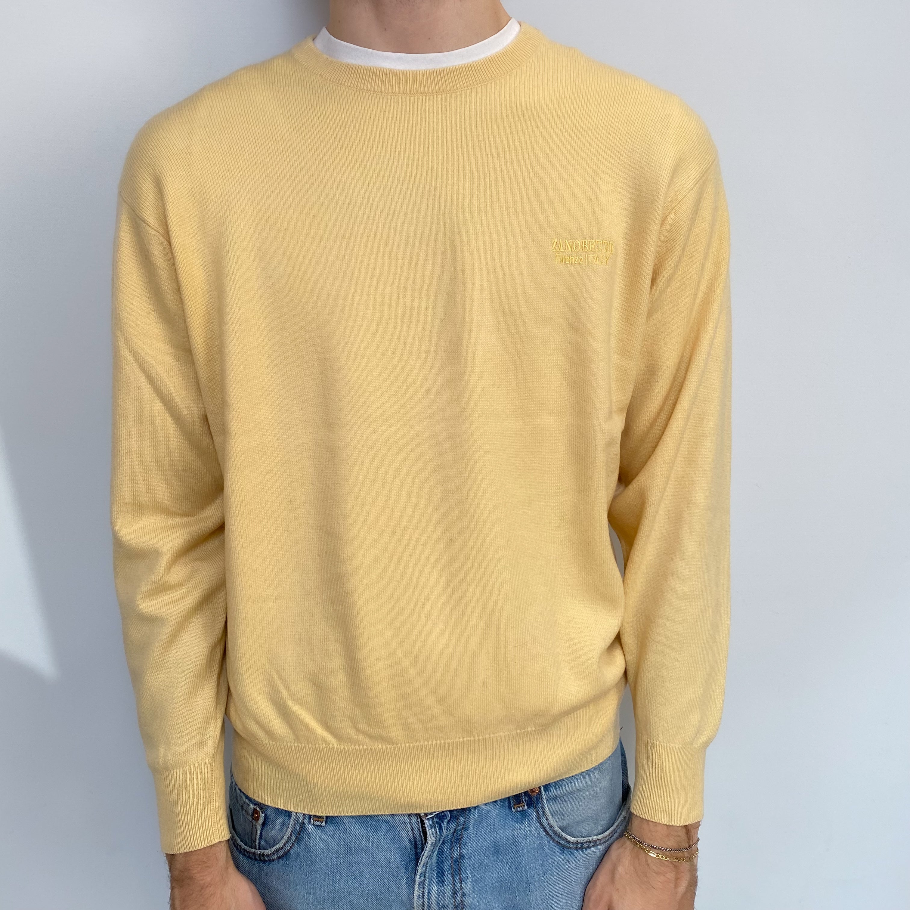 Men's Custard Yellow Cashmere Crew Neck Jumper Large