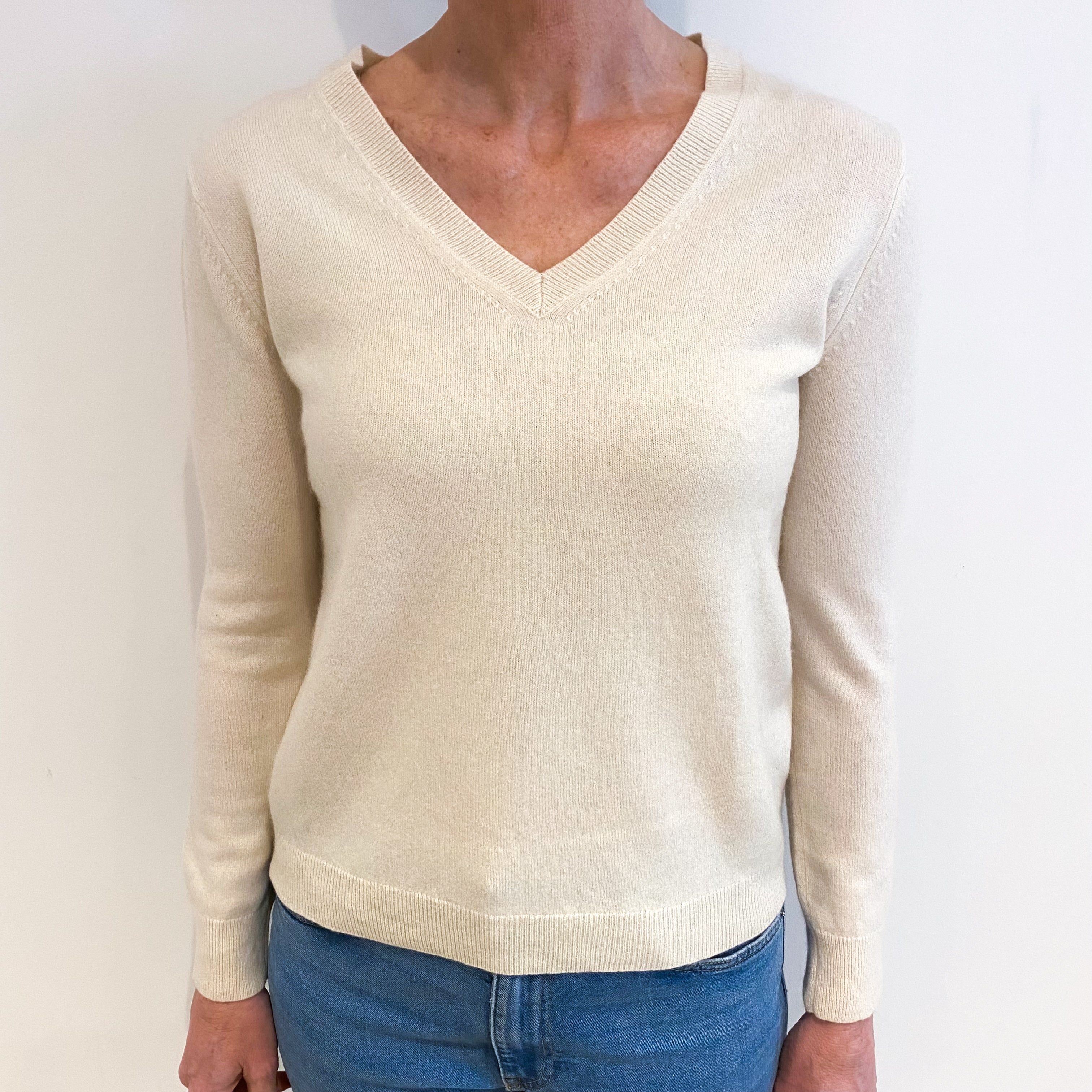 Vanilla Cream Cashmere V Neck Jumper Small