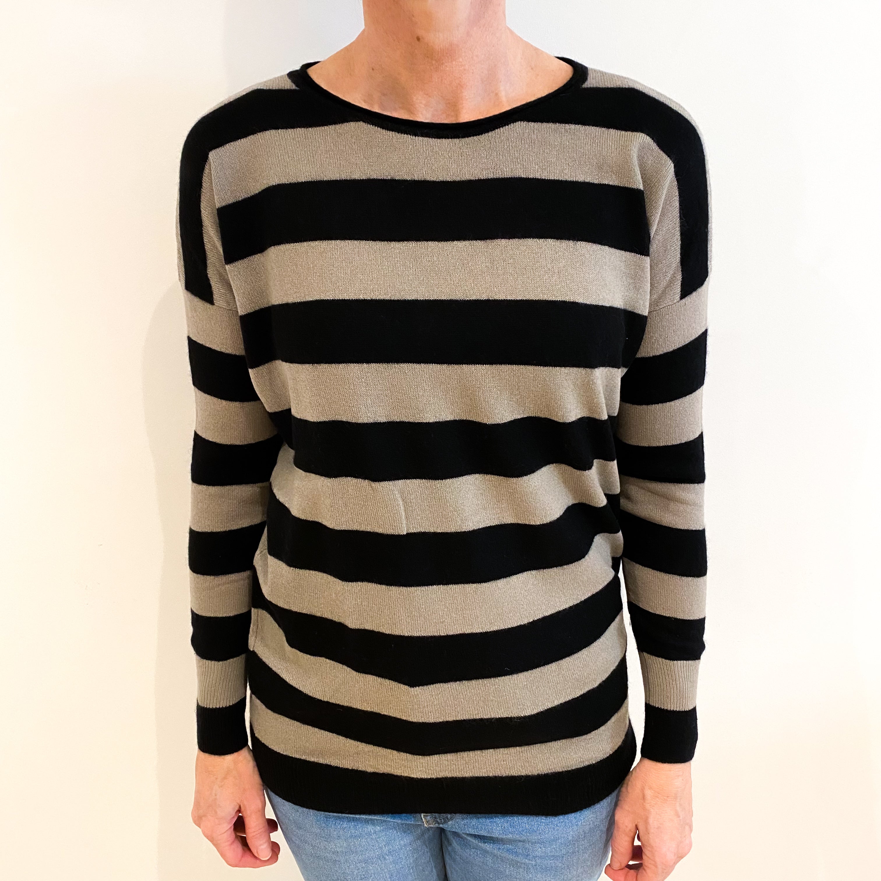 Vince Grey And Black Striped Cashmere Crew Neck Jumper Small