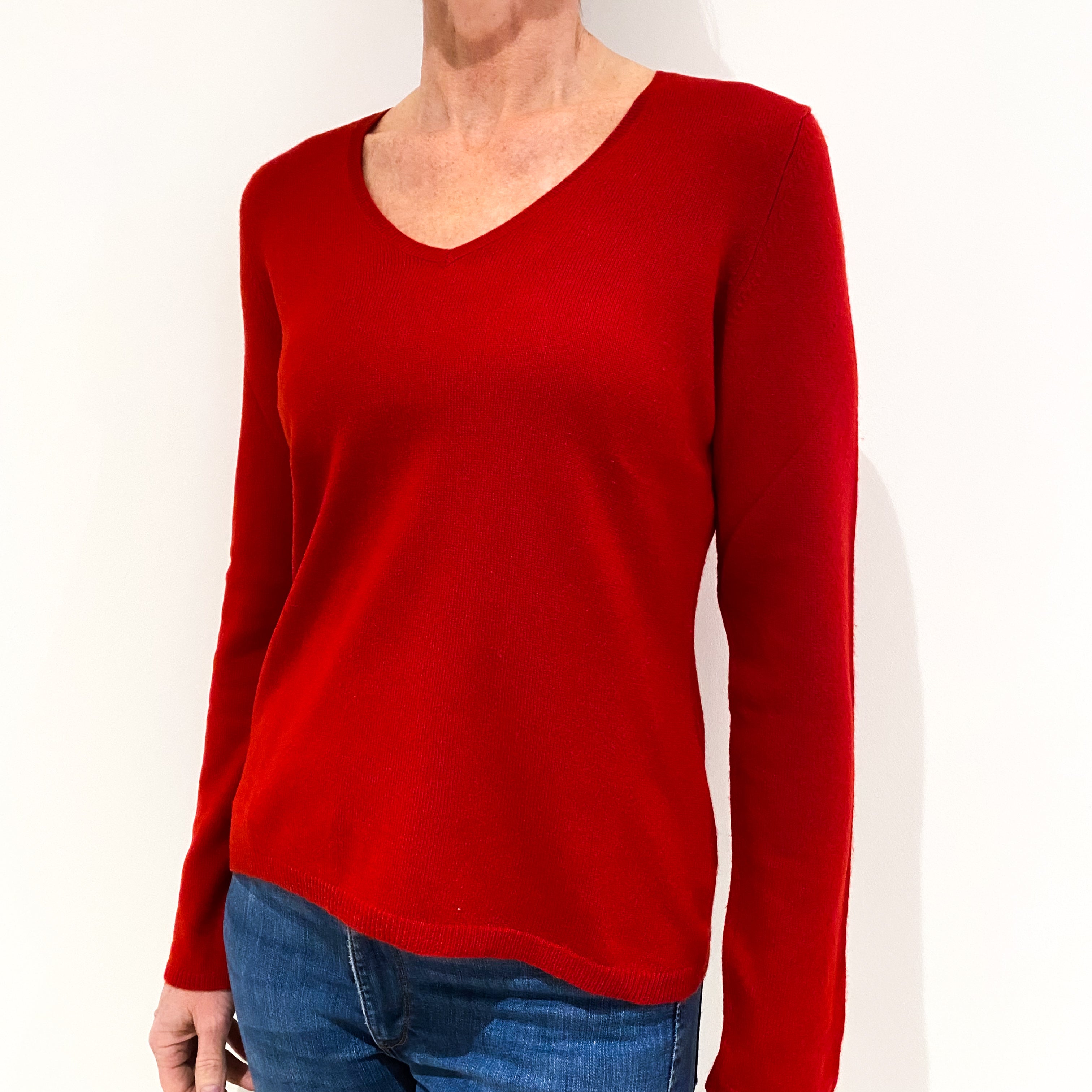 Scarlet Red Cashmere V Neck Jumper Small