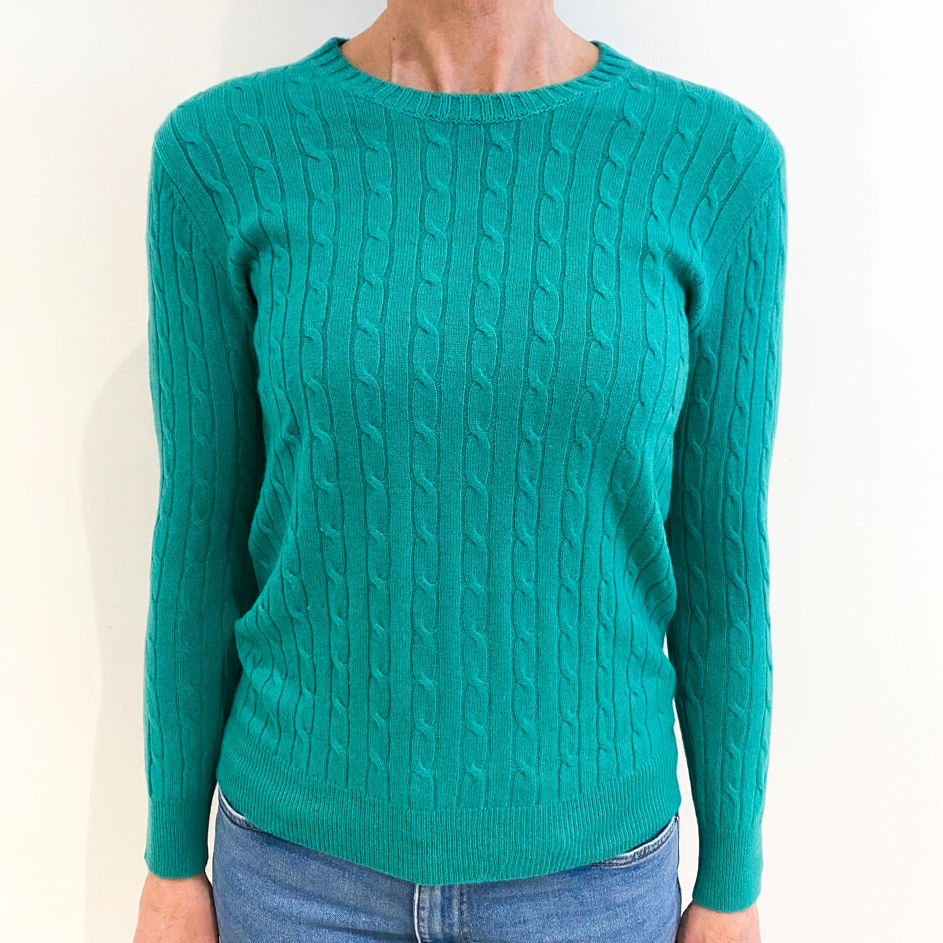 Jade Green Cashmere Crew Neck Cable Knit Jumper Small