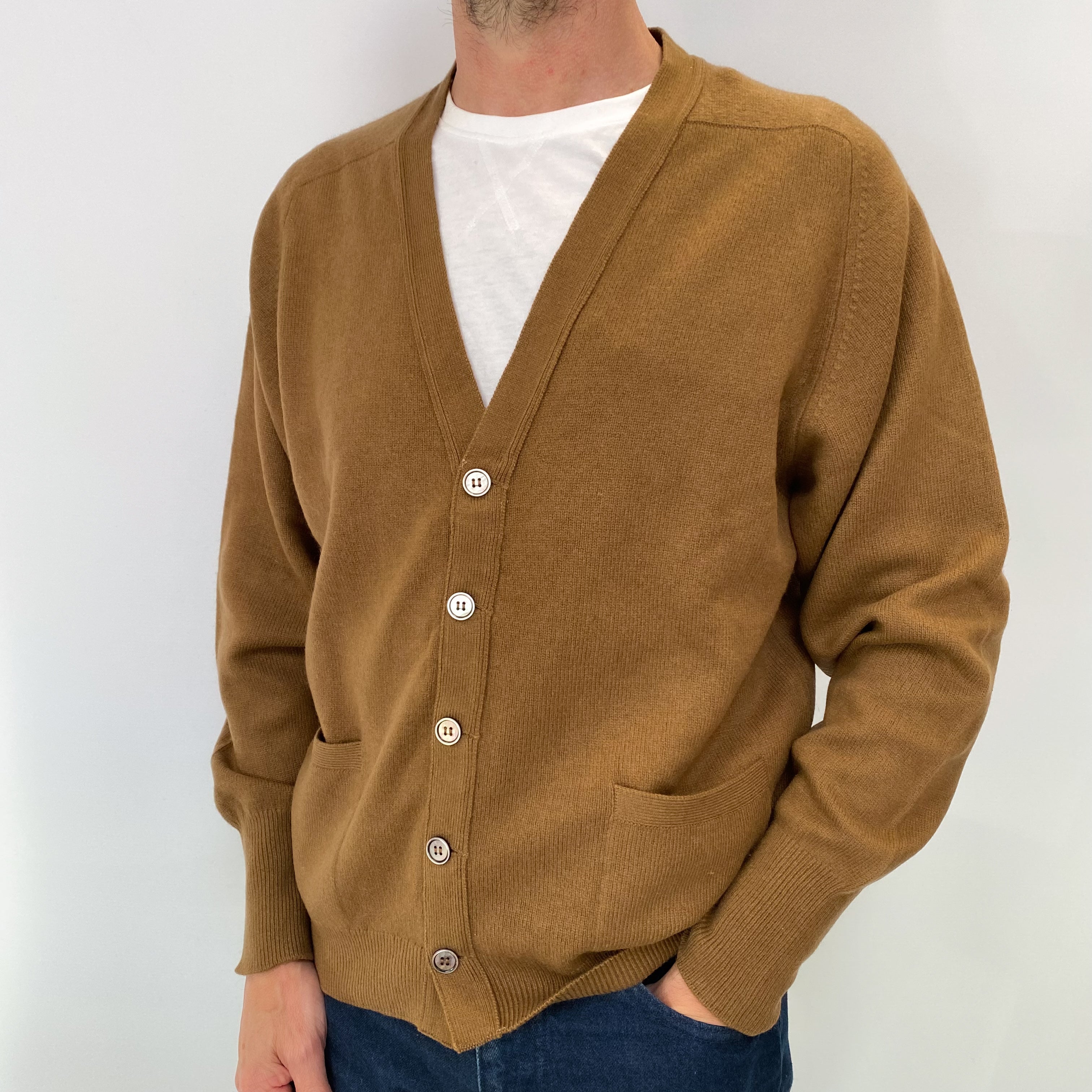 Light Brown Men's Cashmere V Neck Cardigan Jumper Small