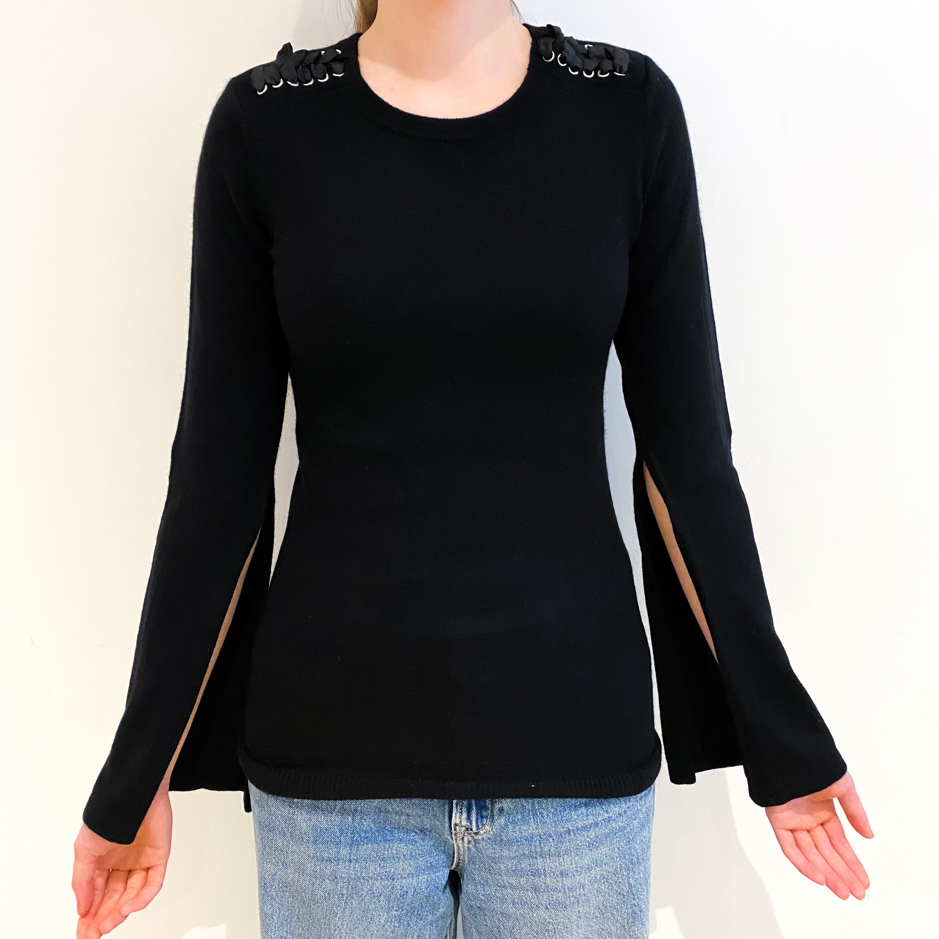 Black Cashmere Flared Sleeve Crew Neck Jumper Extra Small