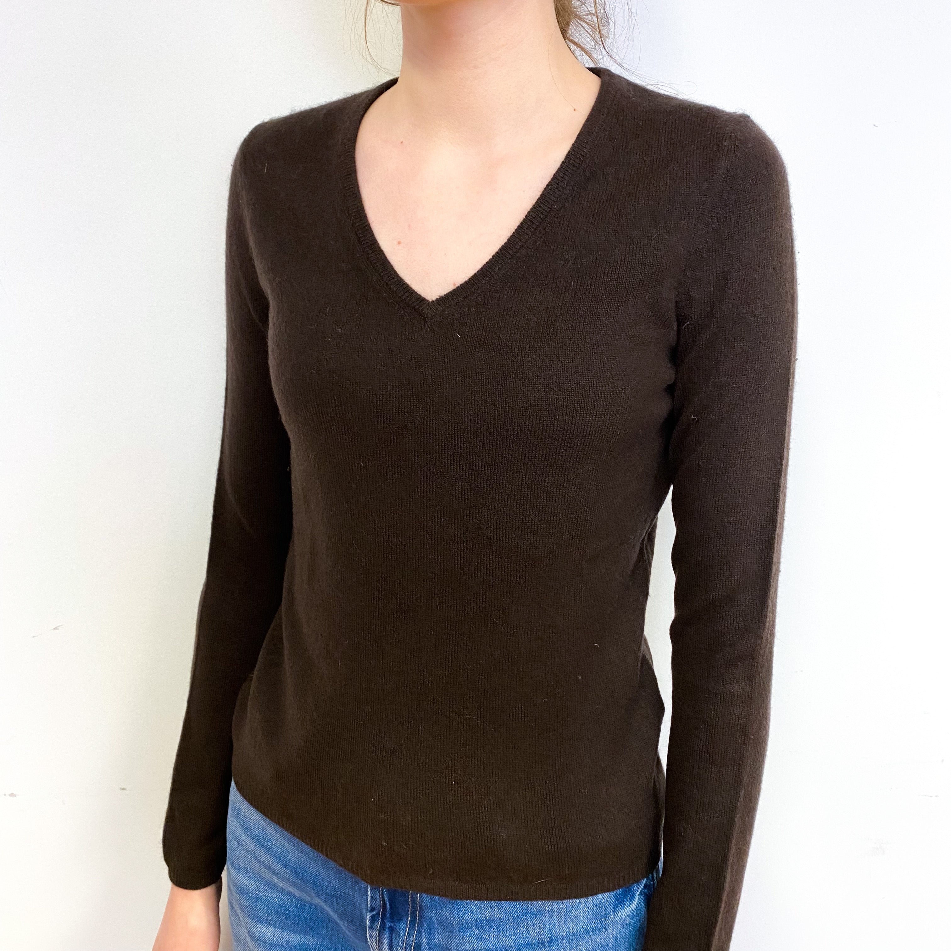 Dark Chocolate Brown Cashmere V-Neck Jumper Extra Small