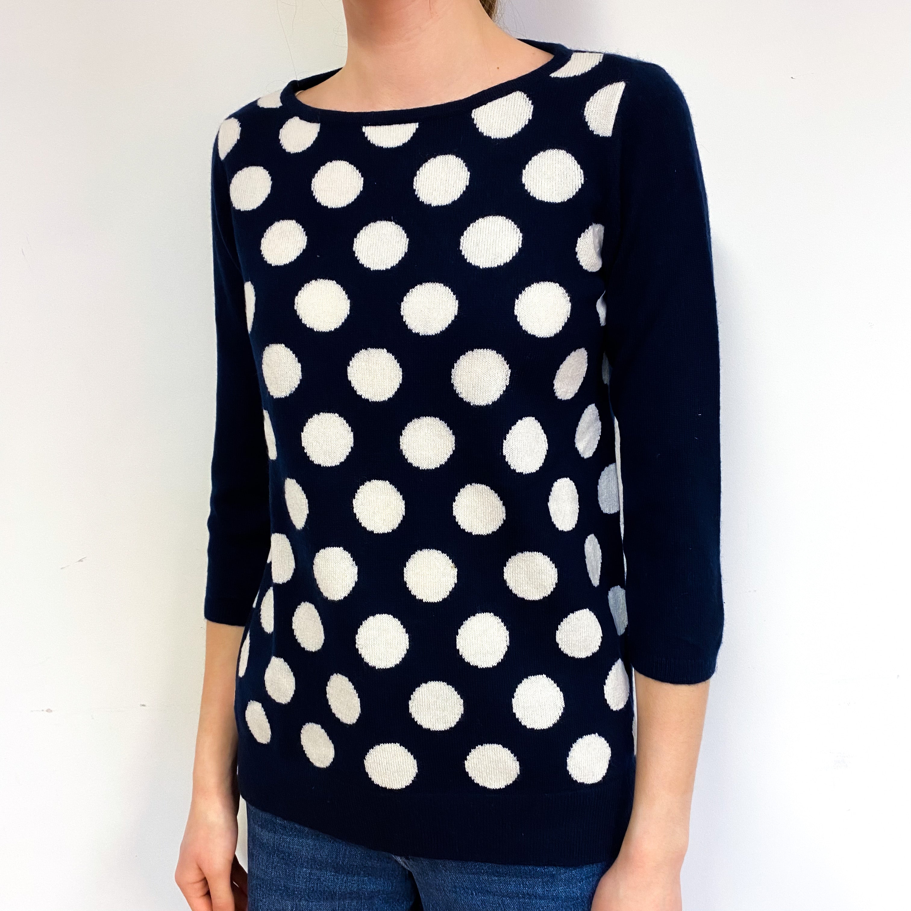 Dark Navy Ivory Spot Cashmere Crew Neck Jumper Extra Small