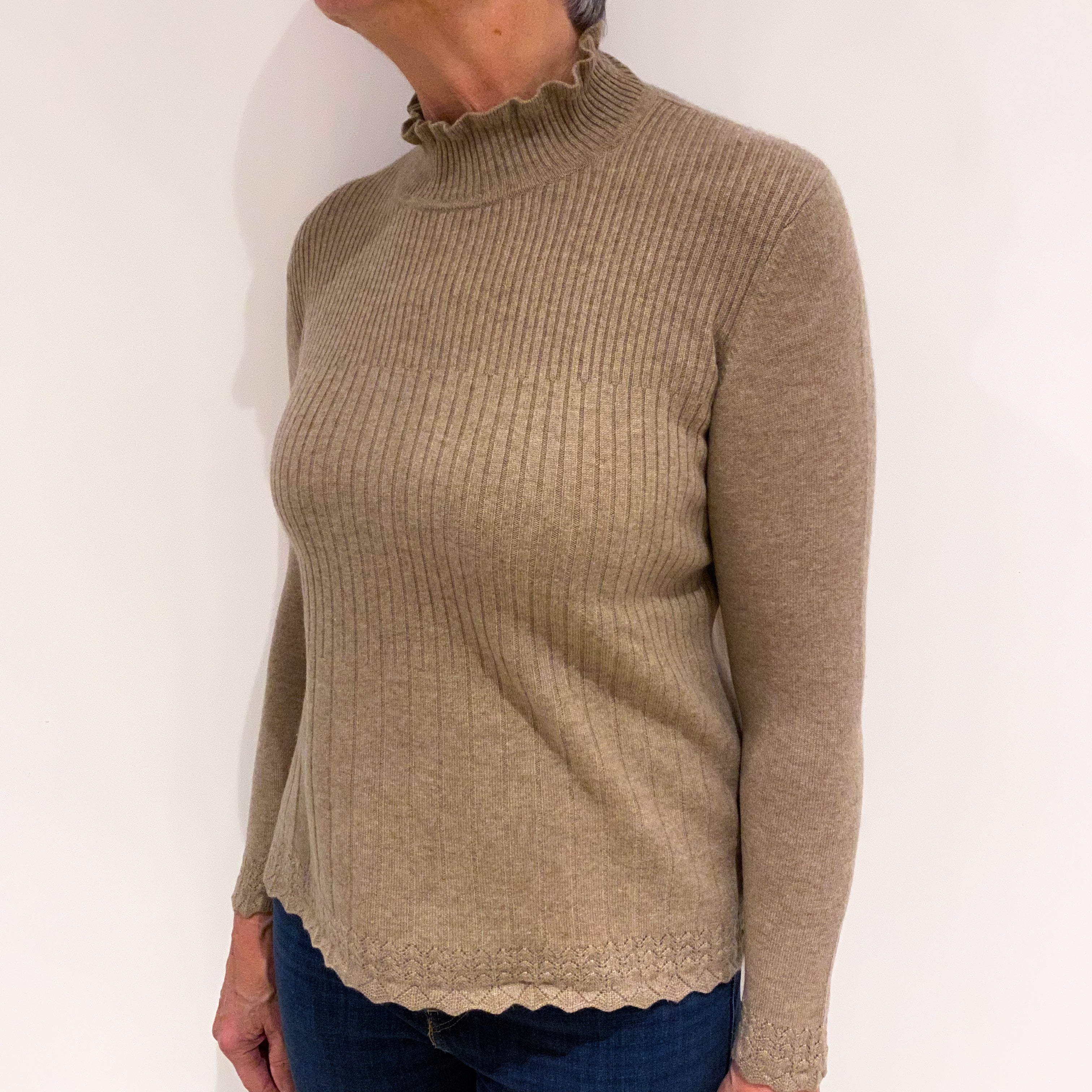 Biscuit Brown Cashmere Ruffle Turtle Neck Jumper Medium