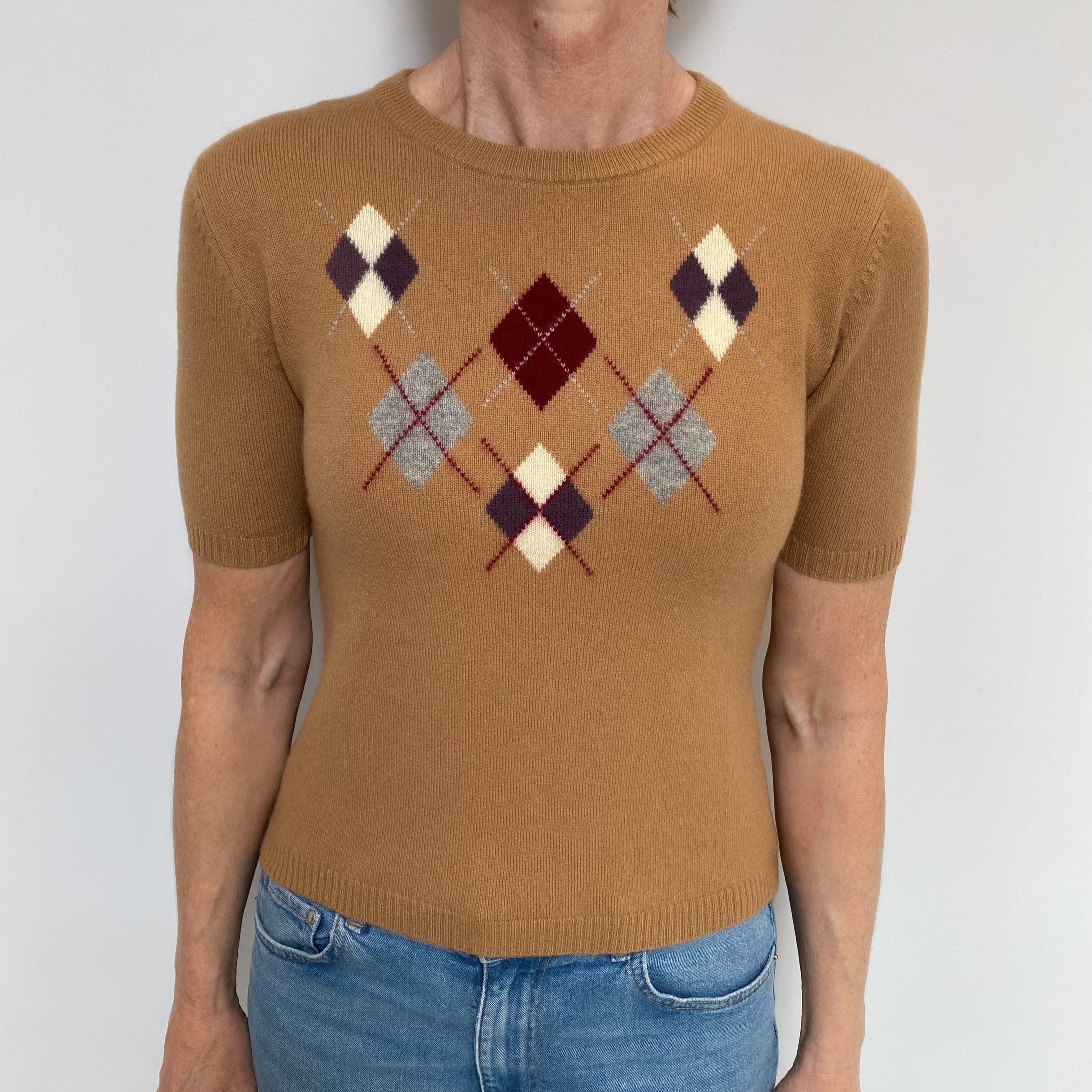 Butterscotch Brown Diamond Cashmere Crew Neck Short Sleeved Jumper Small