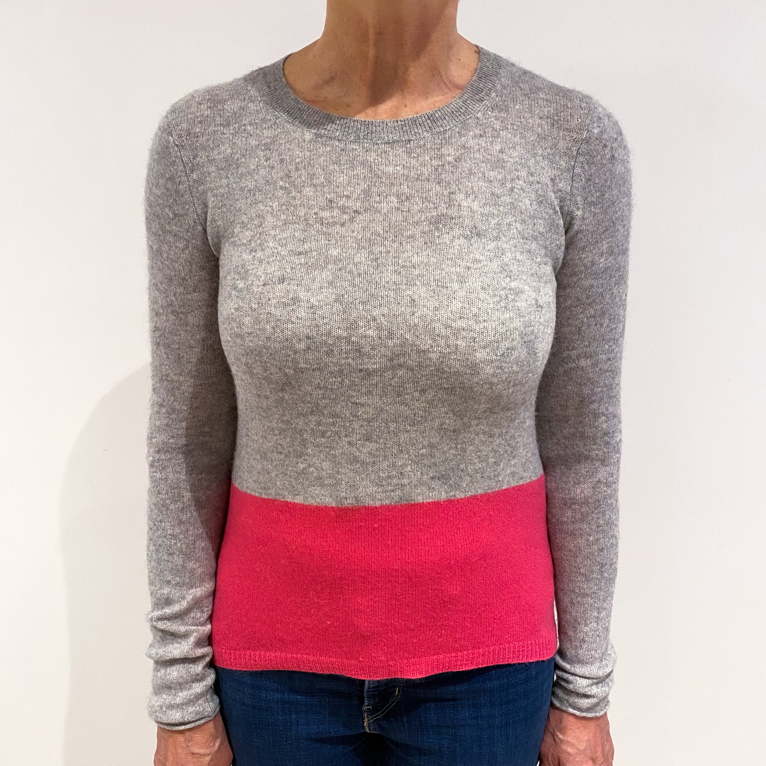 Smoke Grey and Hot Pink Cashmere Crew Neck Jumper Medium