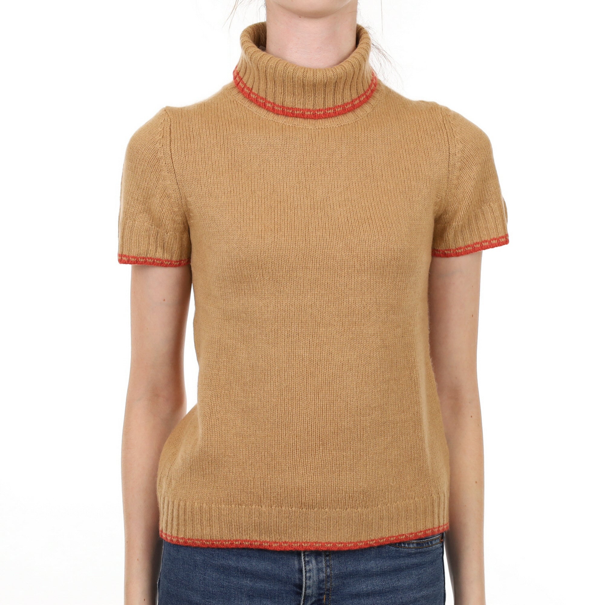 Butterscotch Brown Cashmere Polo Neck Short Sleeved Jumper Extra Small