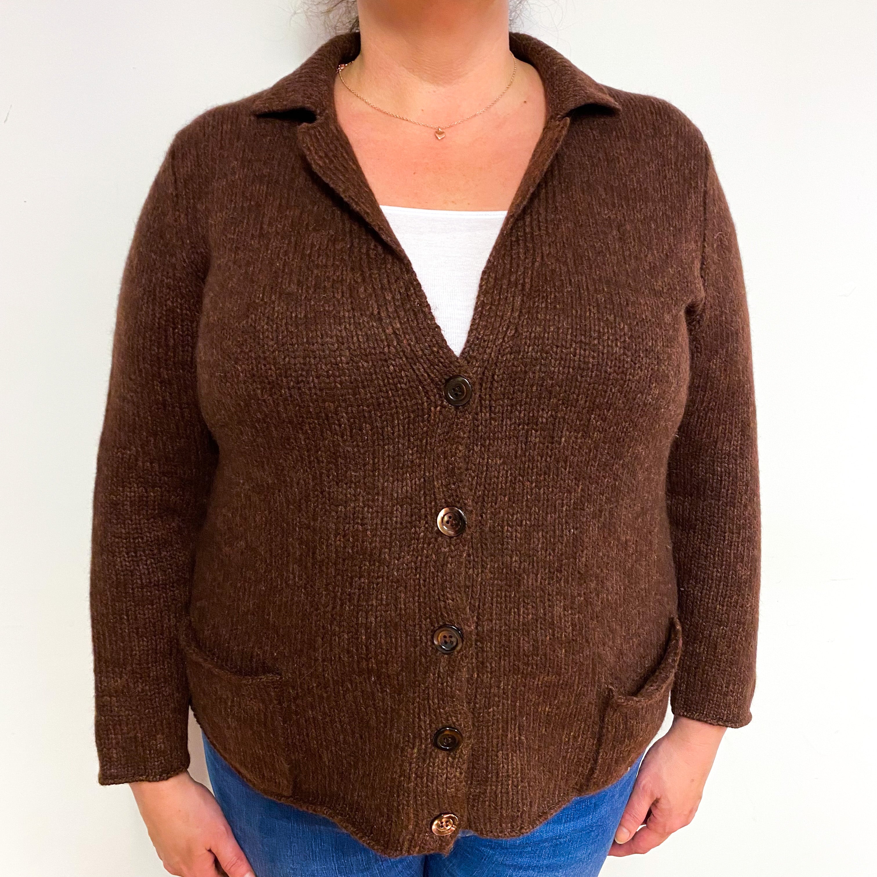 Umber Brown Chunky Cashmere V-Neck Cardigan Extra Large