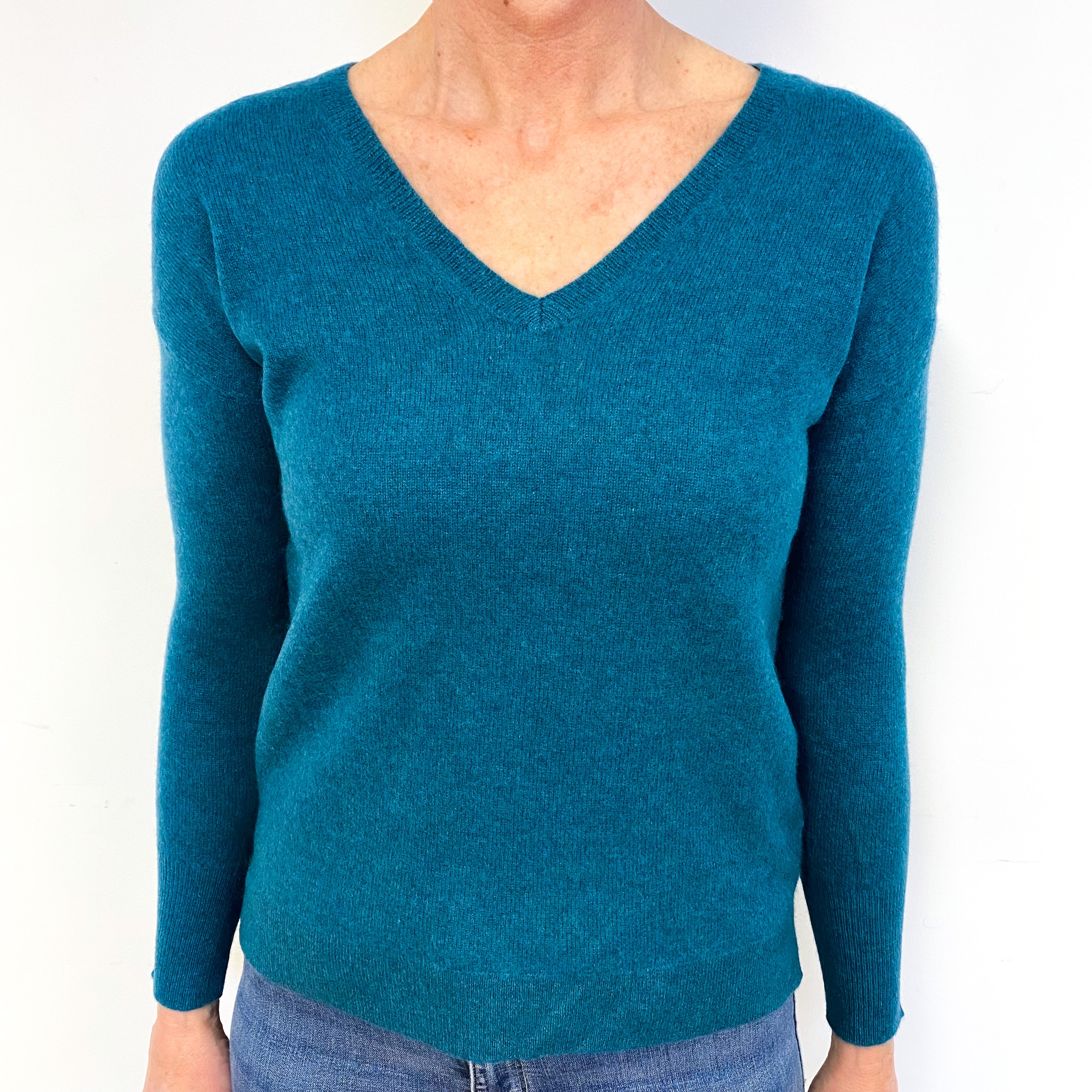 Petrol Blue Cashmere V-Neck Jumper Medium Petite