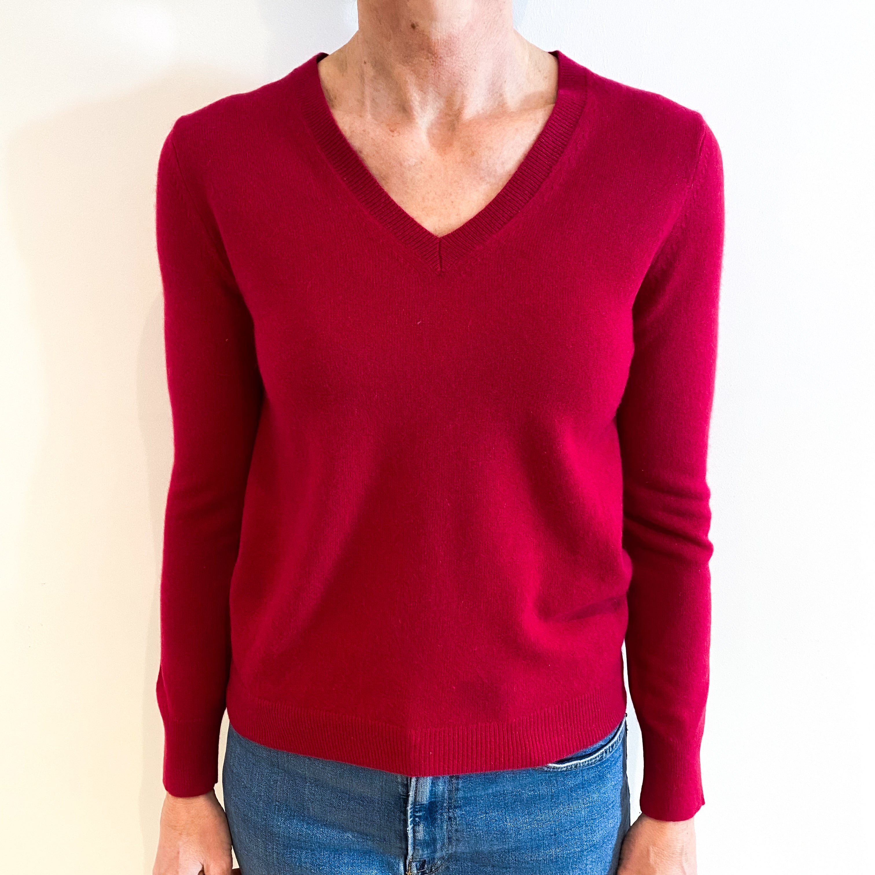 Cherry Red Cashmere V Neck Jumper Small