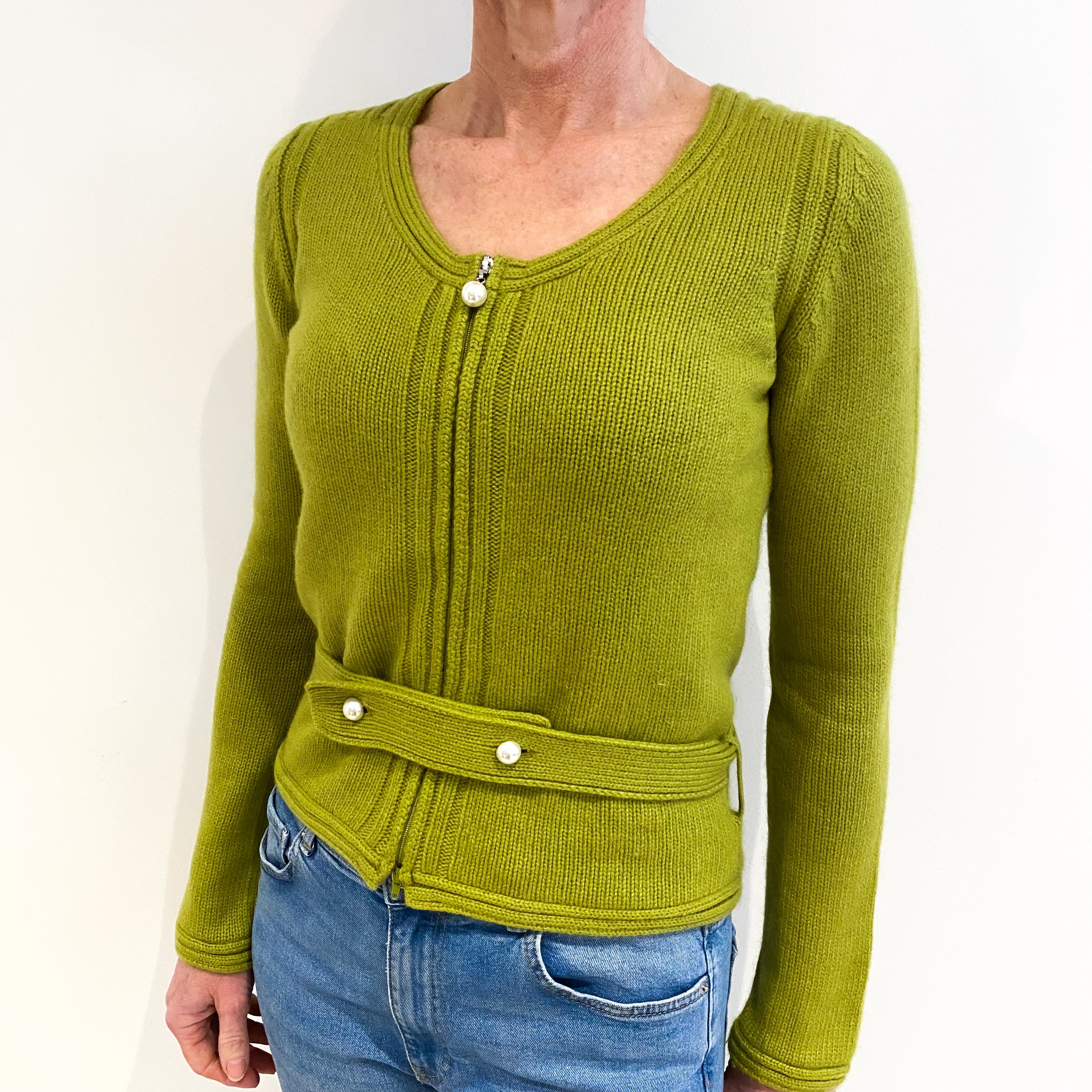 Yellow Green Cashmere Scoop Neck Zip Up Cardigan Small