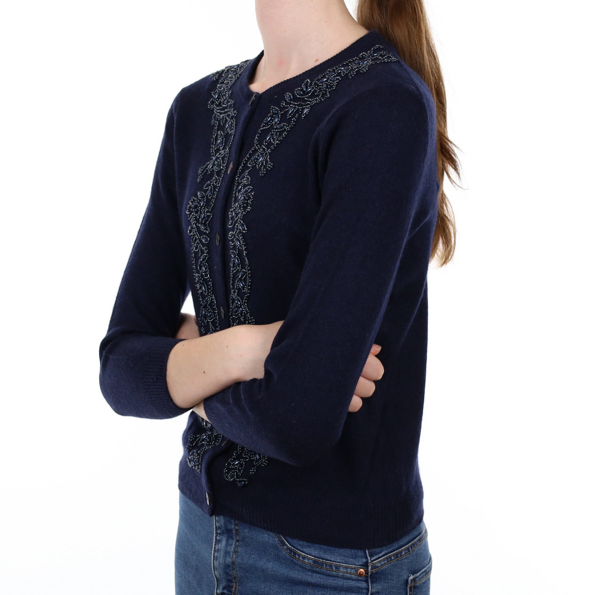 Navy Blue Beaded Cashmere Crew Neck Cardigan Extra Small