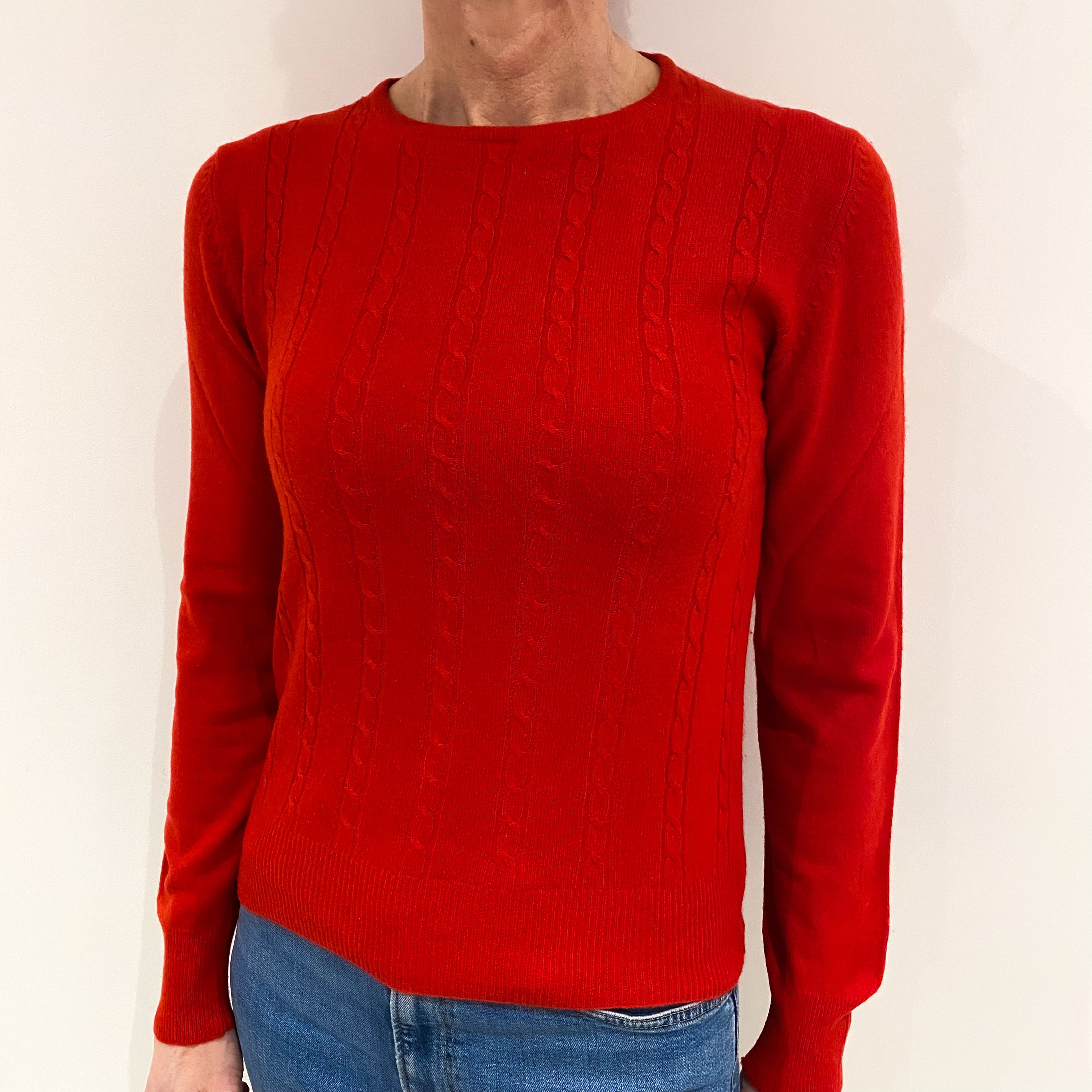 Vintage Spanish Red Cable Front Cashmere Crew Neck Jumper Small