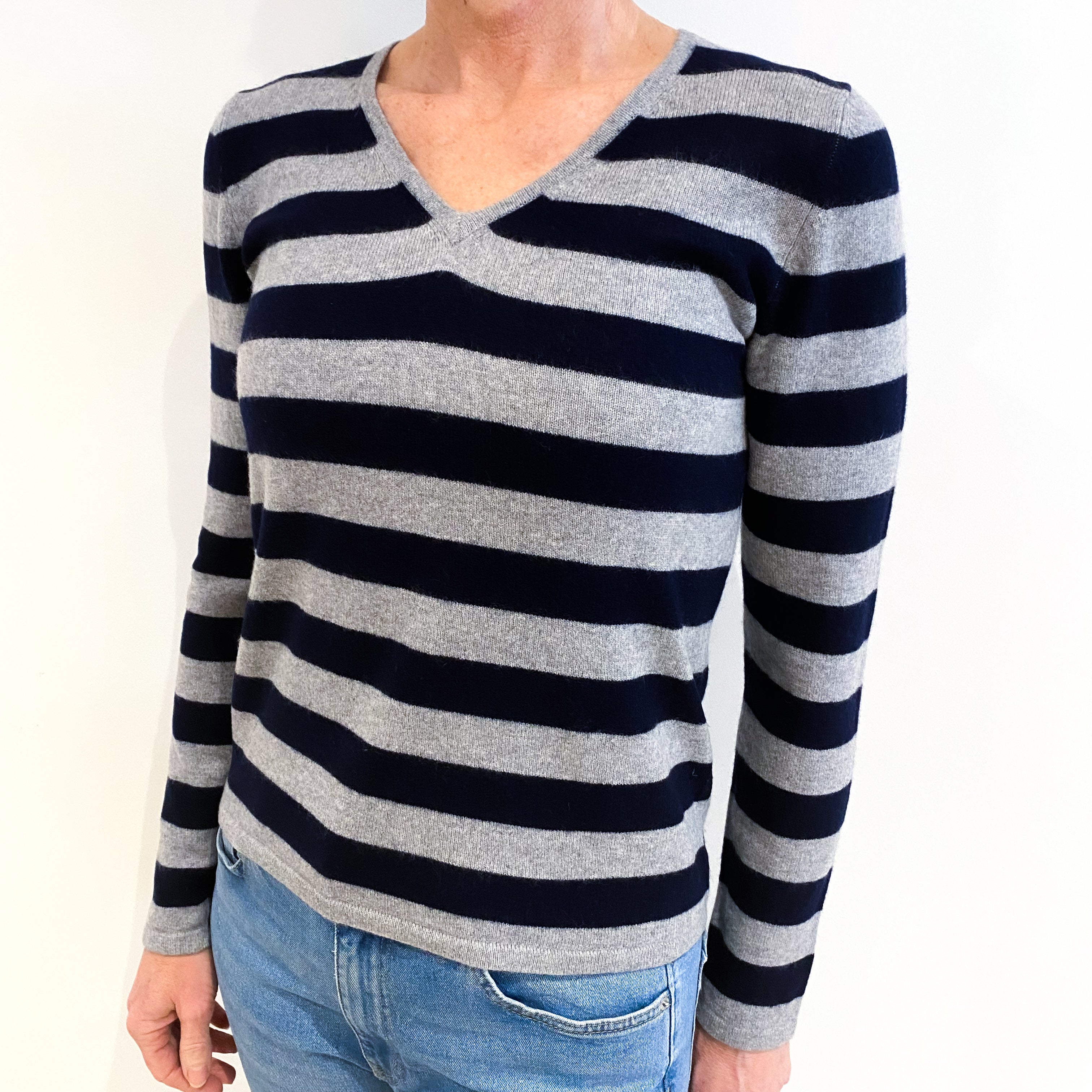 Navy and Grey Stripe Cashmere V Neck Jumper Small