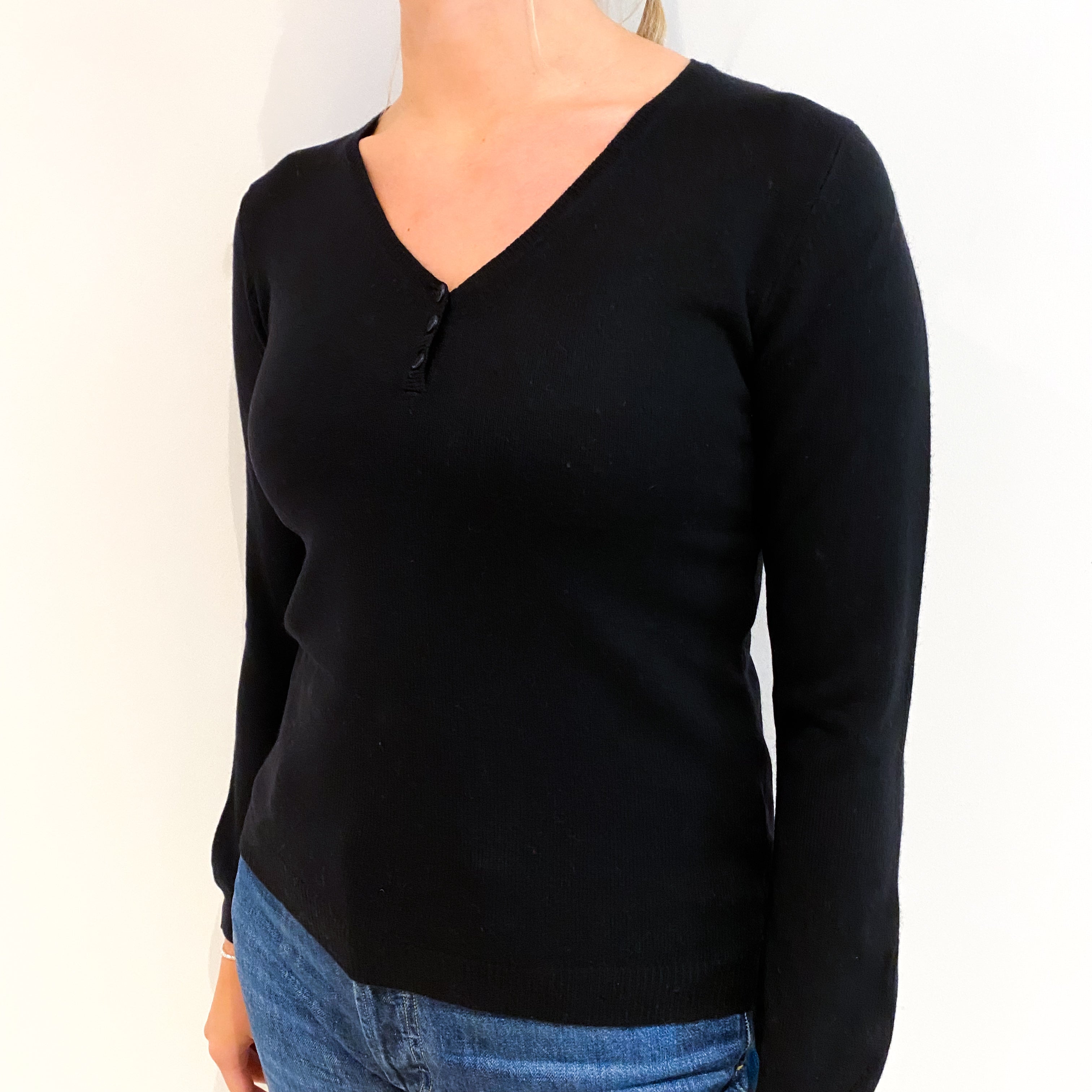 Black Cashmere Buttoned V Neck Jumper Small