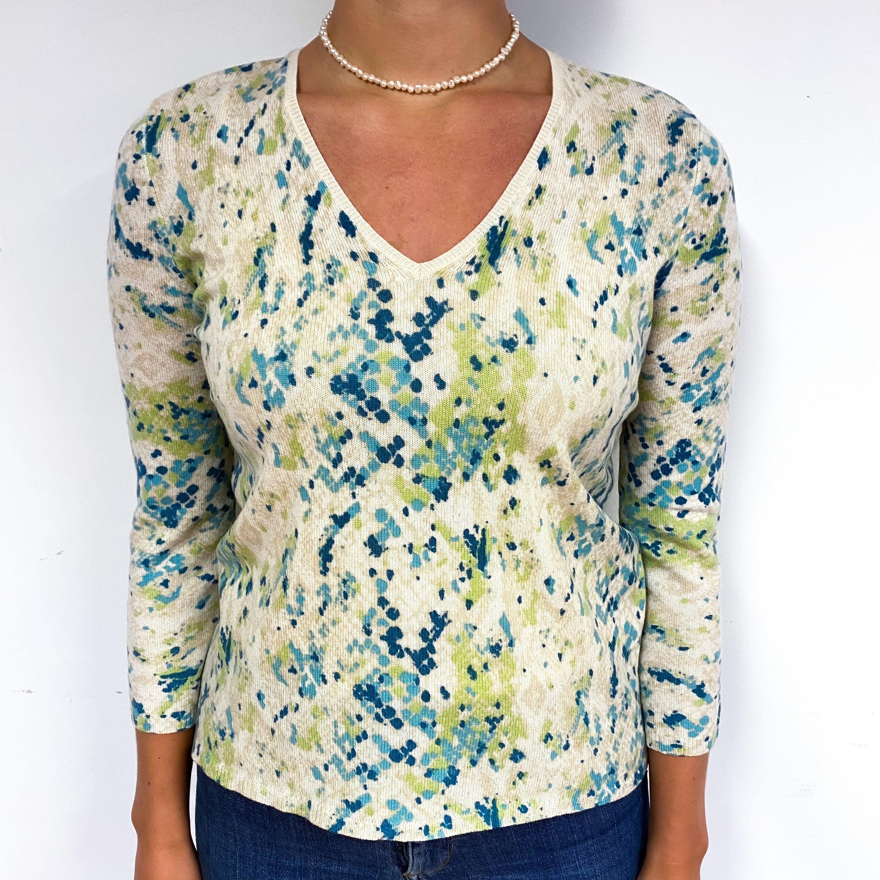 Cream Blue Splatter Pattern Cashmere V-Neck Jumper Small