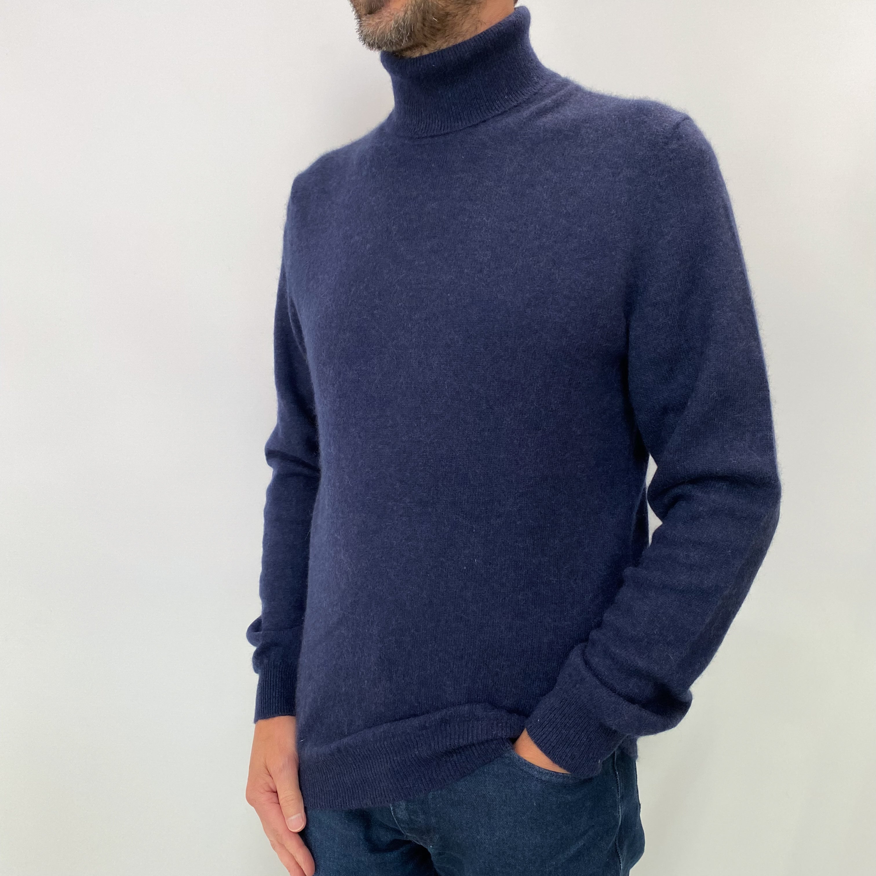 Midnight Navy Men's Cashmere Polo Neck Jumper Small