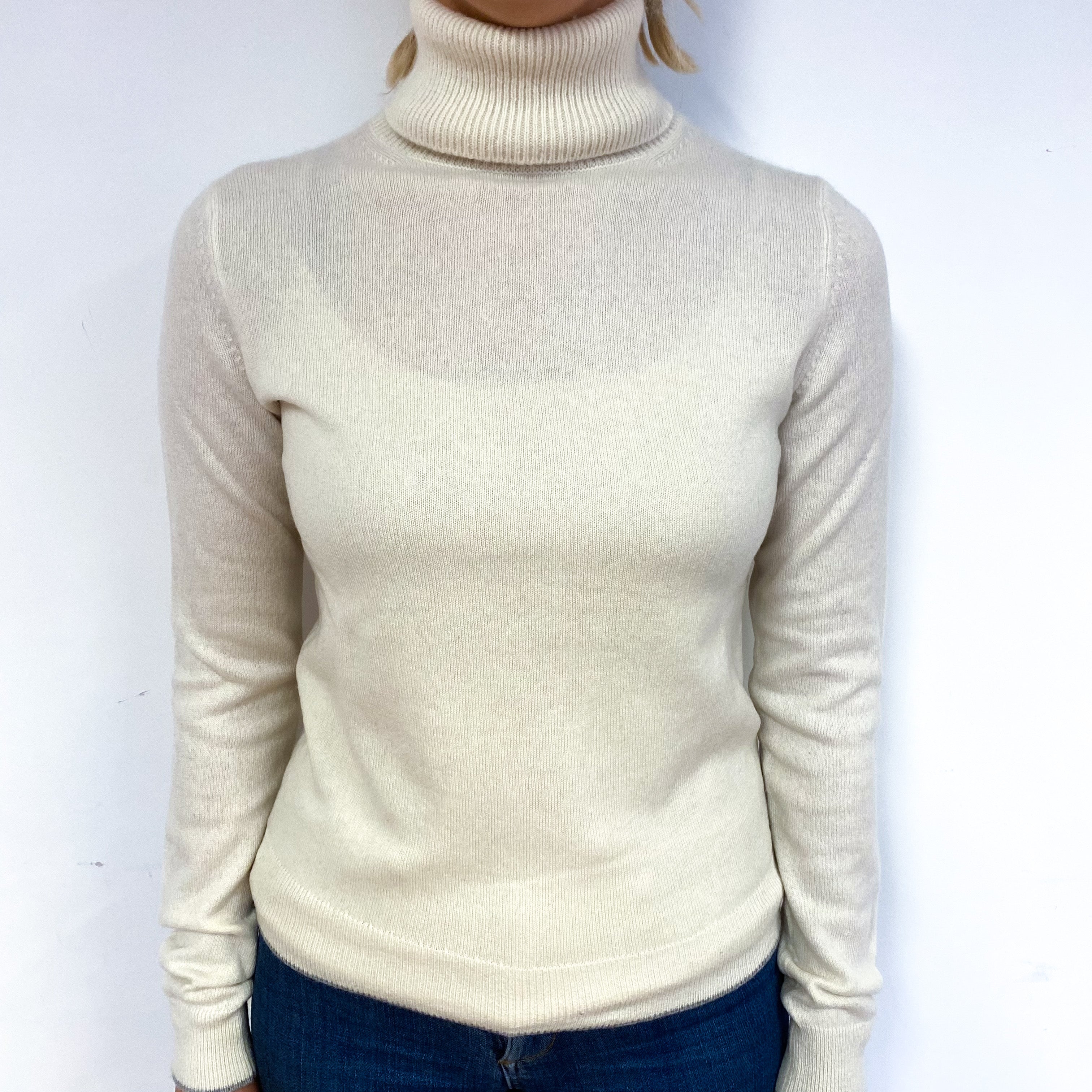 Cream Grey Trim Cashmere Polo Neck Jumper Small