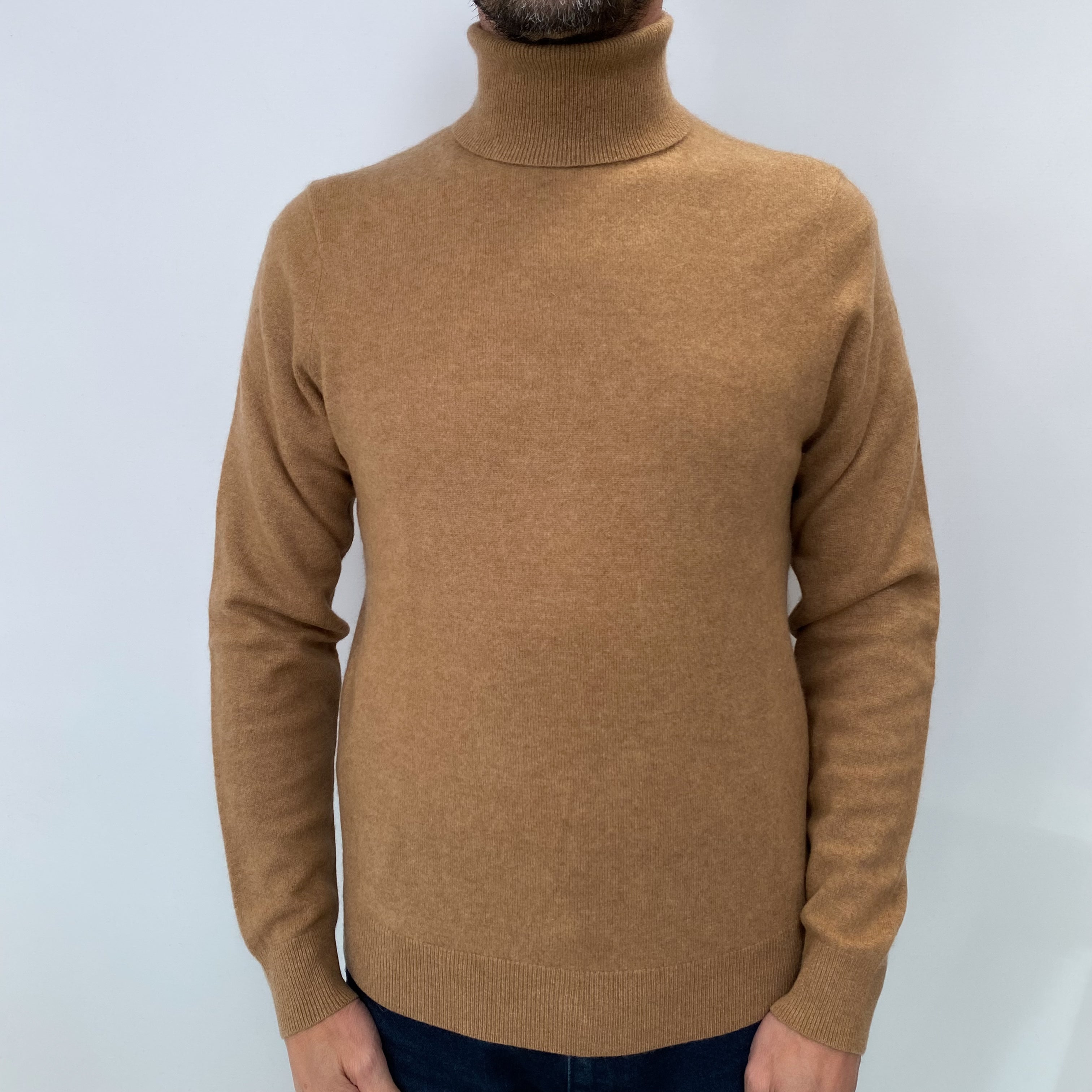 Caramel Brown Men's Cashmere Polo Neck Jumper Small