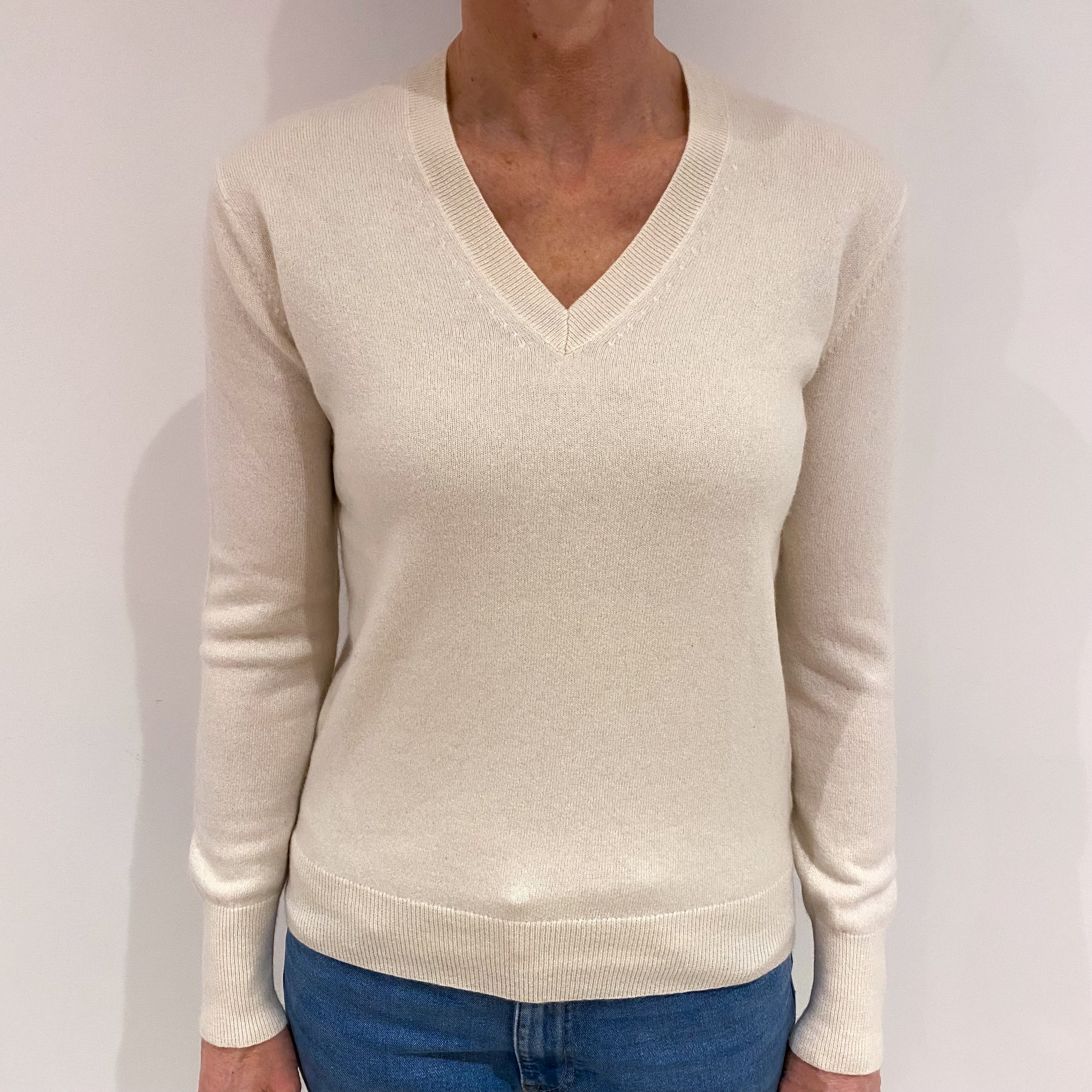 Ivory Cream Cashmere V Neck Jumper Small