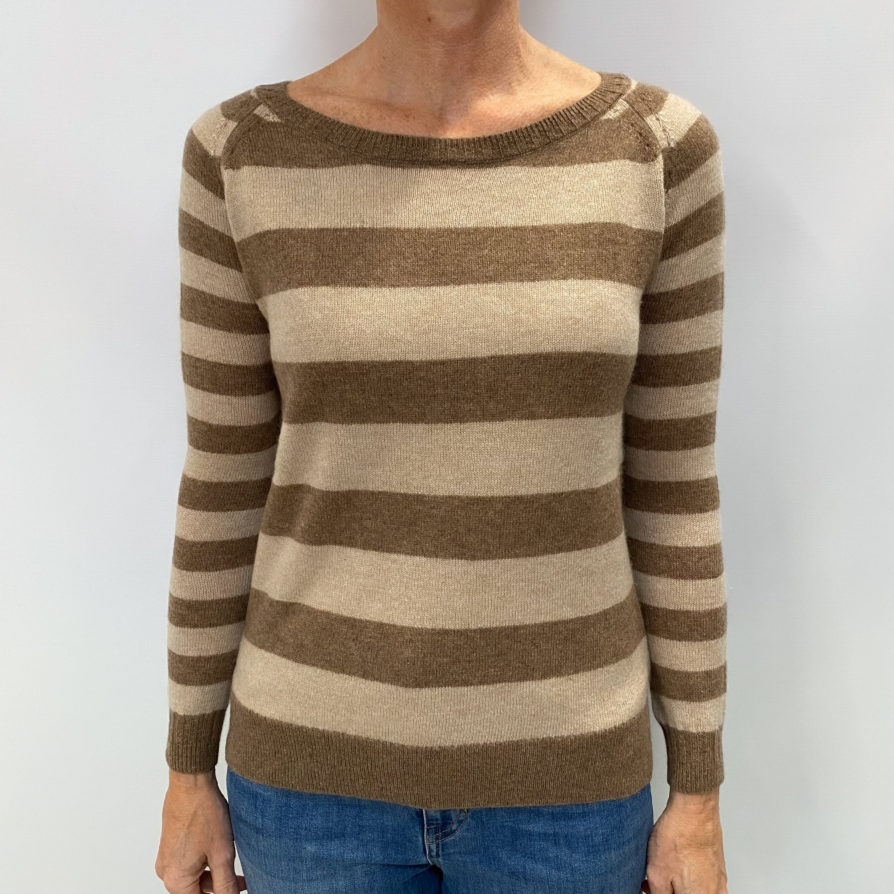 Fawn and Toffee Stripe Cashmere Crew Neck Jumper Small