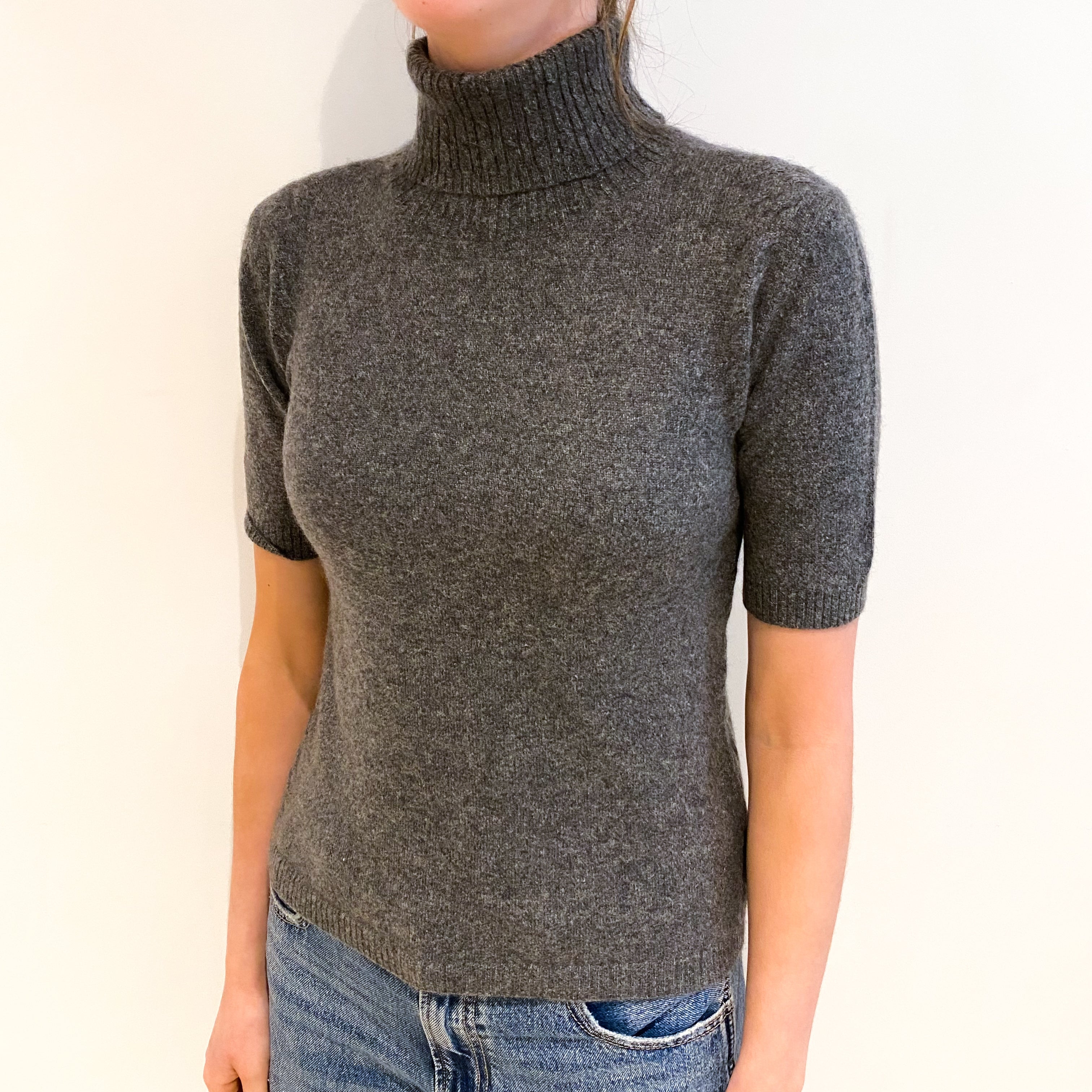 Slate Grey Cashmere Polo Neck Short Sleeved Jumper Extra Small