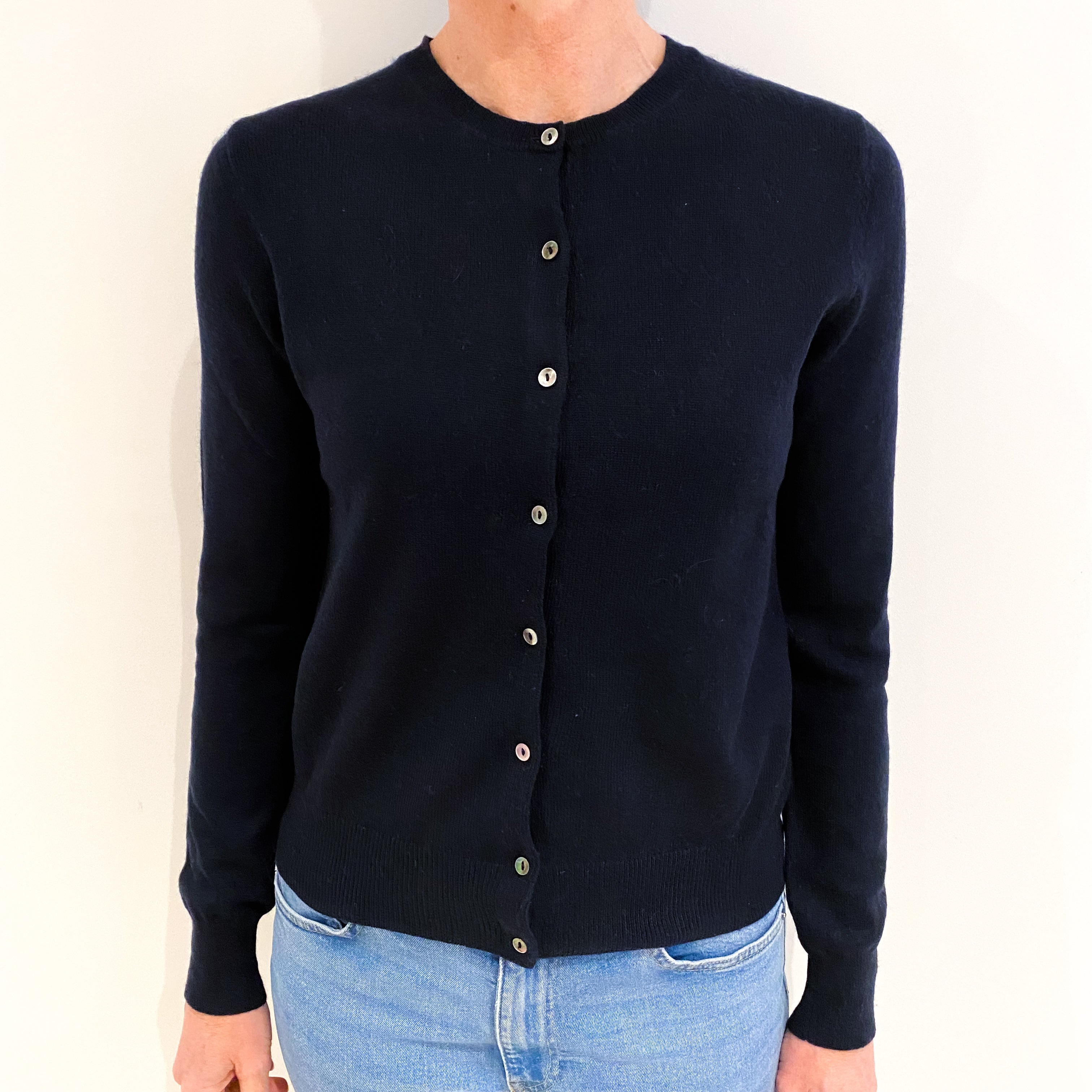 Navy Blue Cashmere Crew Neck Cardigan Small