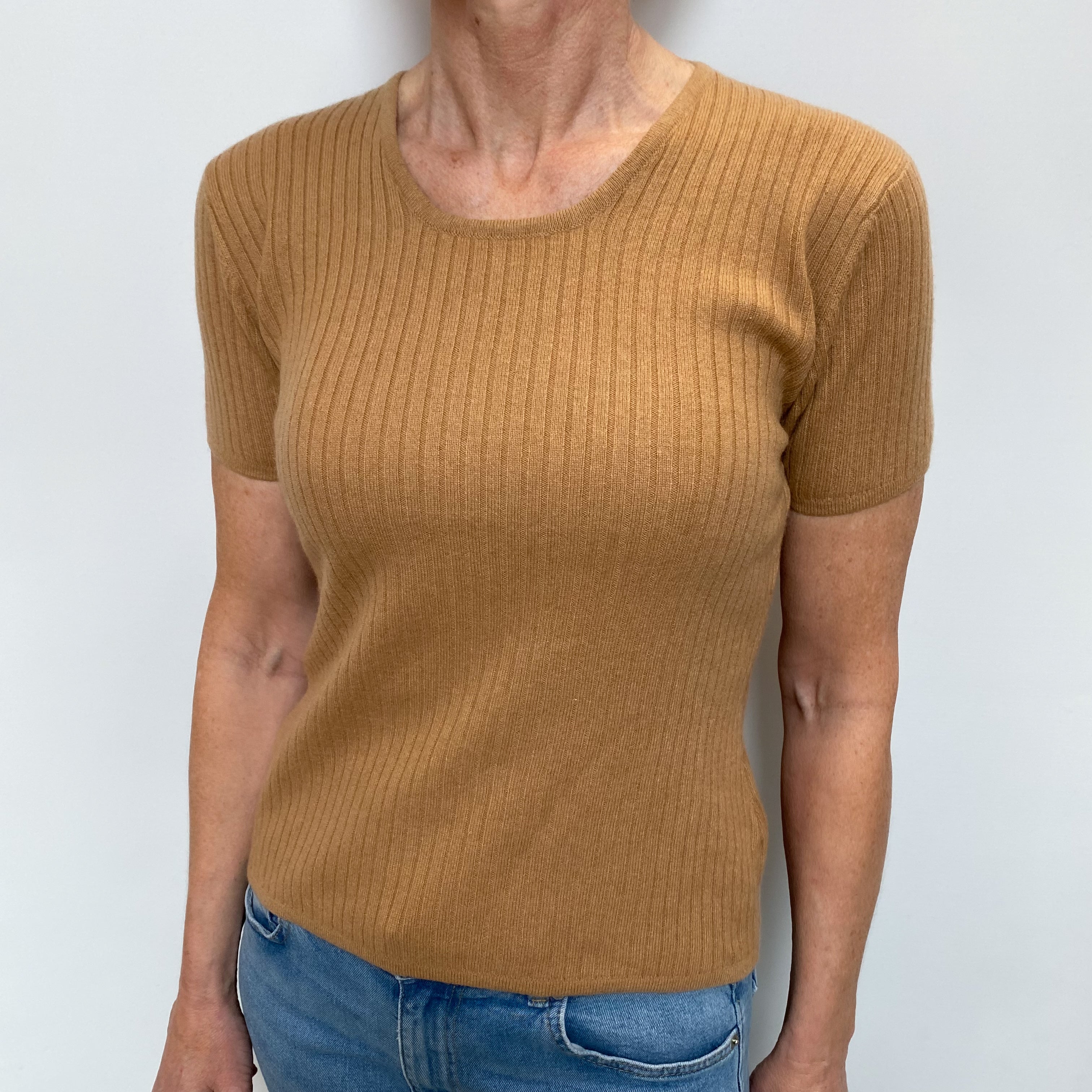 Caramel Rib Cashmere Short Sleeve Scoop Neck Jumper Small