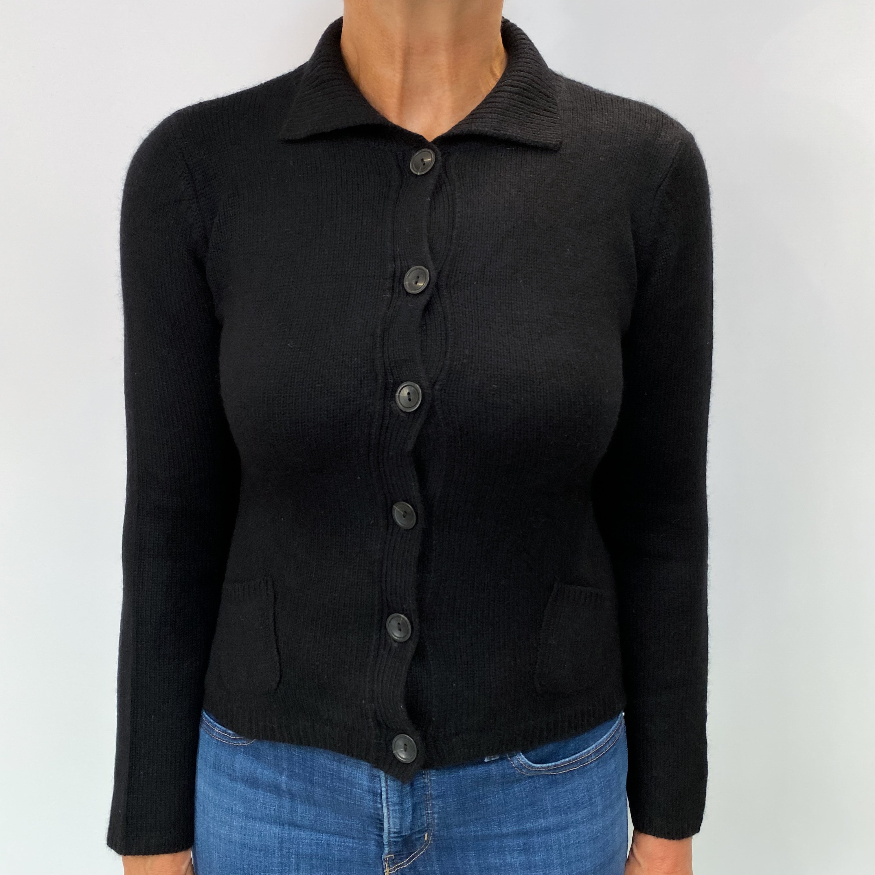 Black Cashmere Collared Crew Neck Cardigan Medium