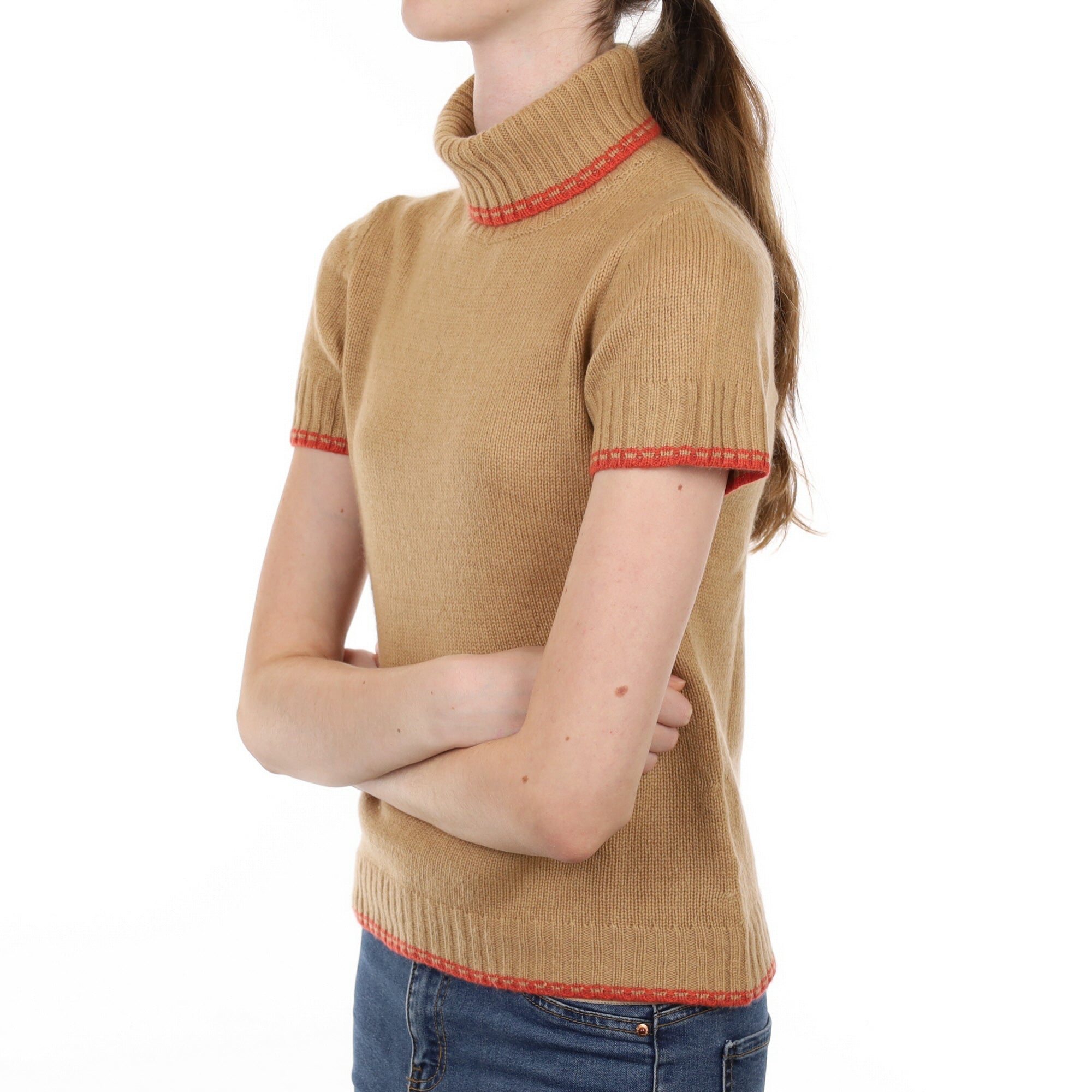 Butterscotch Brown Cashmere Polo Neck Short Sleeved Jumper Extra Small