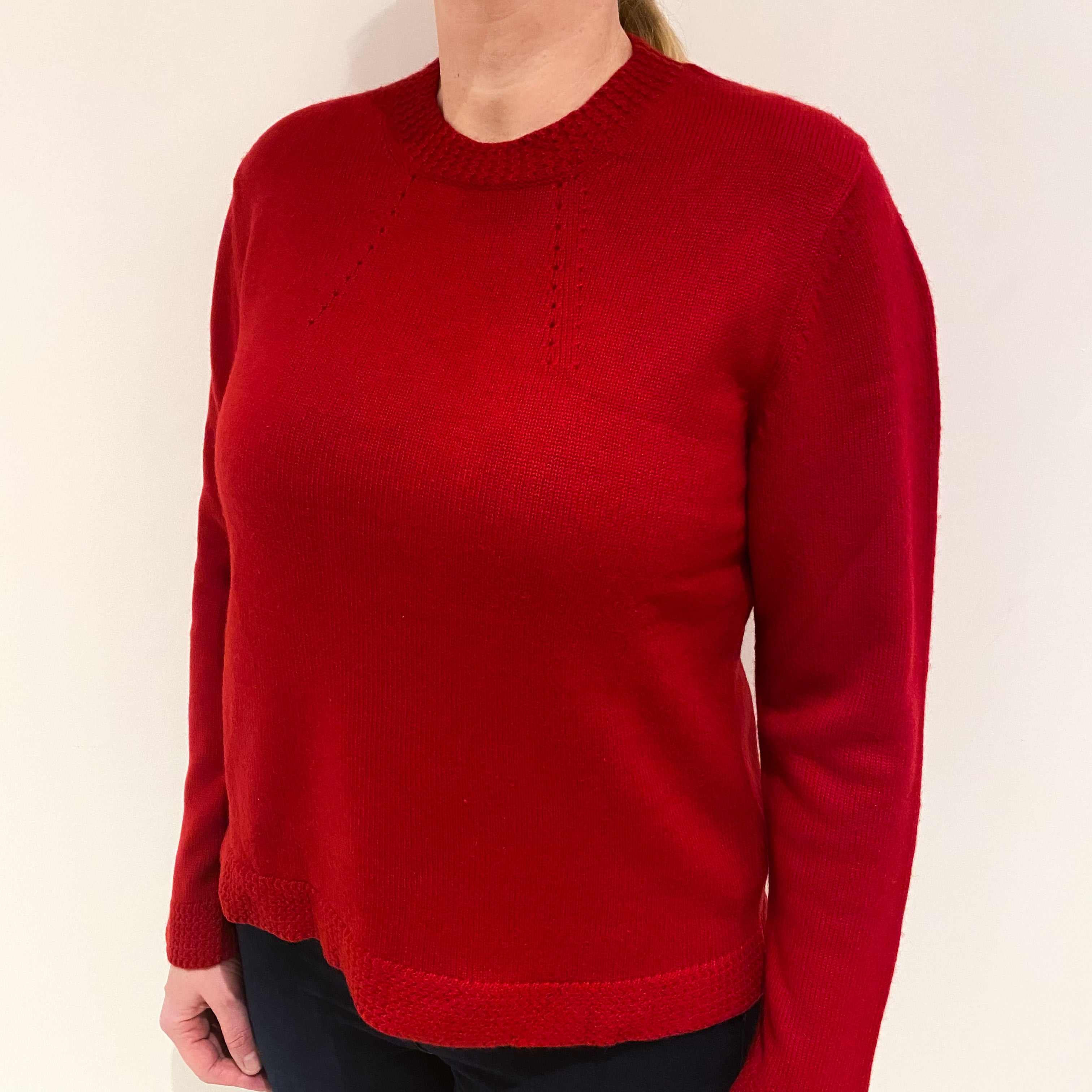 Crimson Red Cashmere Textured Crew Neck Jumper Large