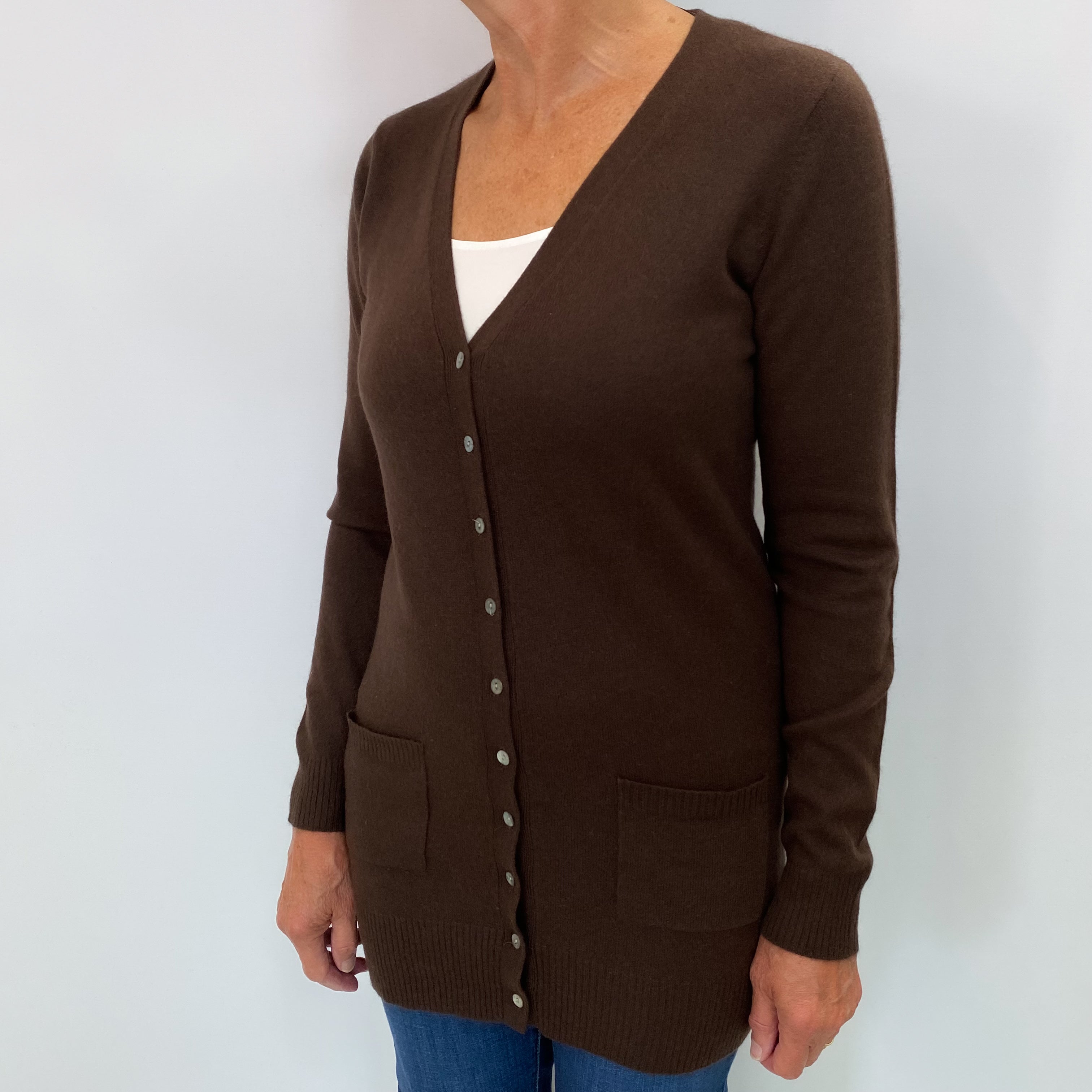 Chocolate Brown Cashmere V Neck Cardigan Medium